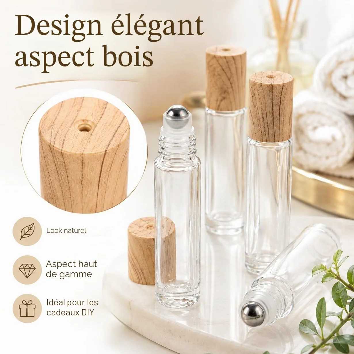 CYEER 24 Flacons Roll On Vide 10ml, Bouteilles en Verre Transparent avec Billes en Acier Inox et Bouchons Aspect Bois, Kit DIY pour Huiles Essentielles, Parfum, Aromathérapie et Voyage