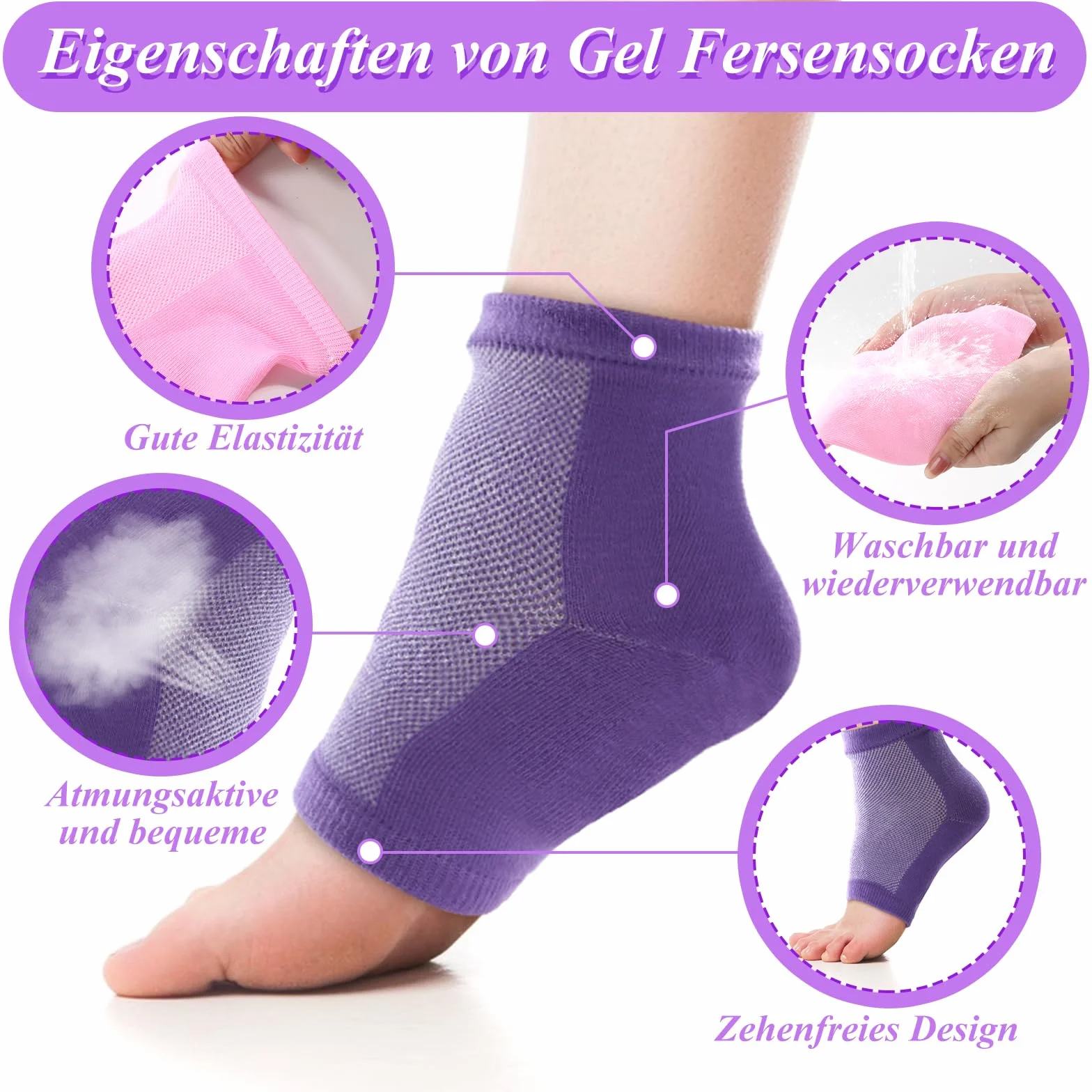 Chaussettes hydratantes en gel lot de 5 paires sans orteils doublure gel pour callosités