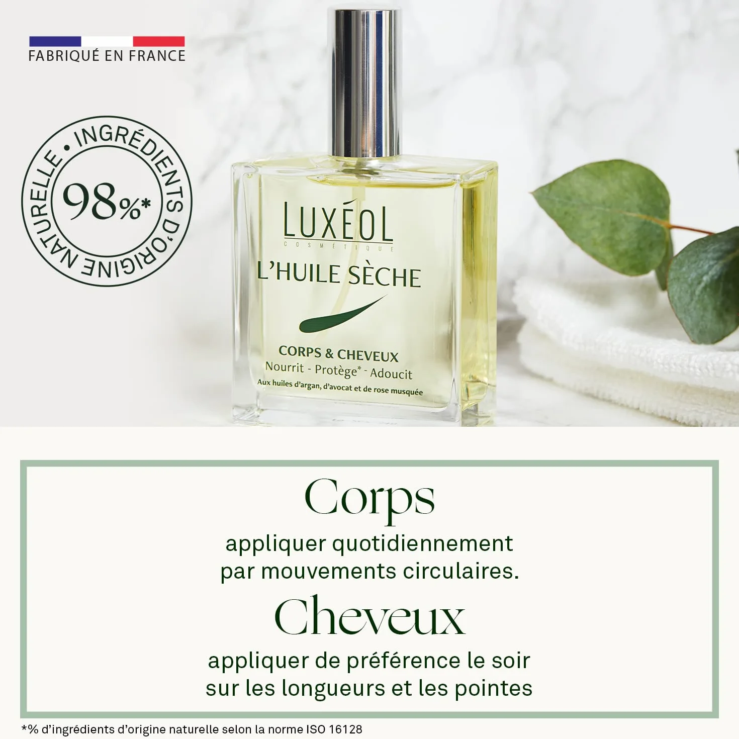 LUXÉOL Huile Sèche Corps & Cheveux Multi-Usage 100ml Enrichie En Huile D'Argan, Avocat, Rose Musquée Fabriqué En France