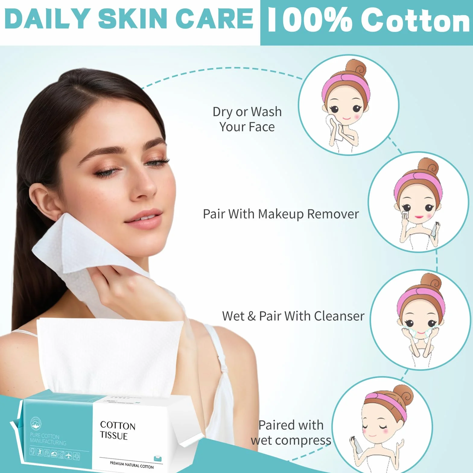 Serviettes Jetables Visage 100 Pièces Coton Doux Biodégradables Démaquillant Nettoyage