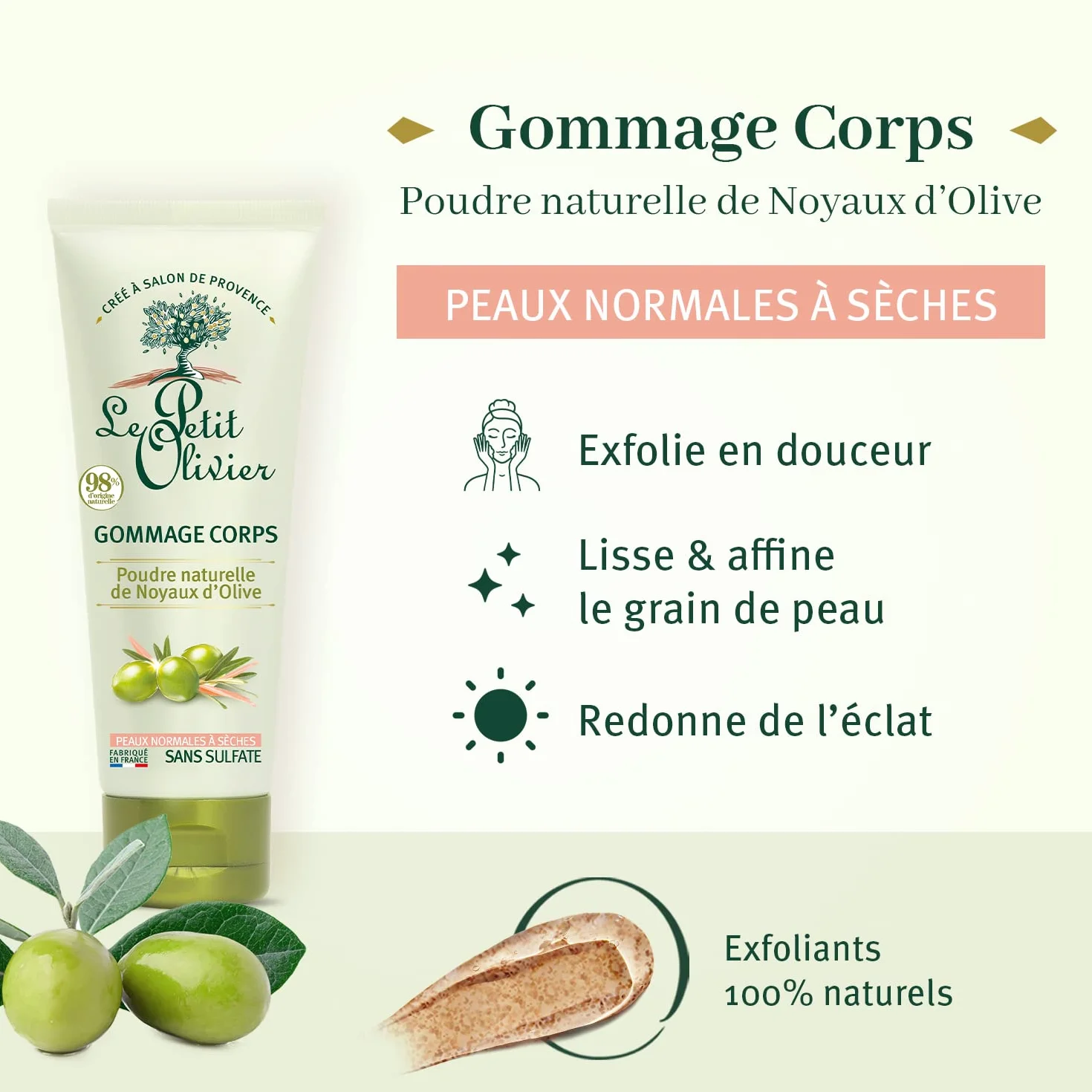 LE PETIT OLIVIER Gommage Corps Poudre Naturelle de Noyaux d'Olive Exfoliant Peaux Normales à Sèches 200 ml