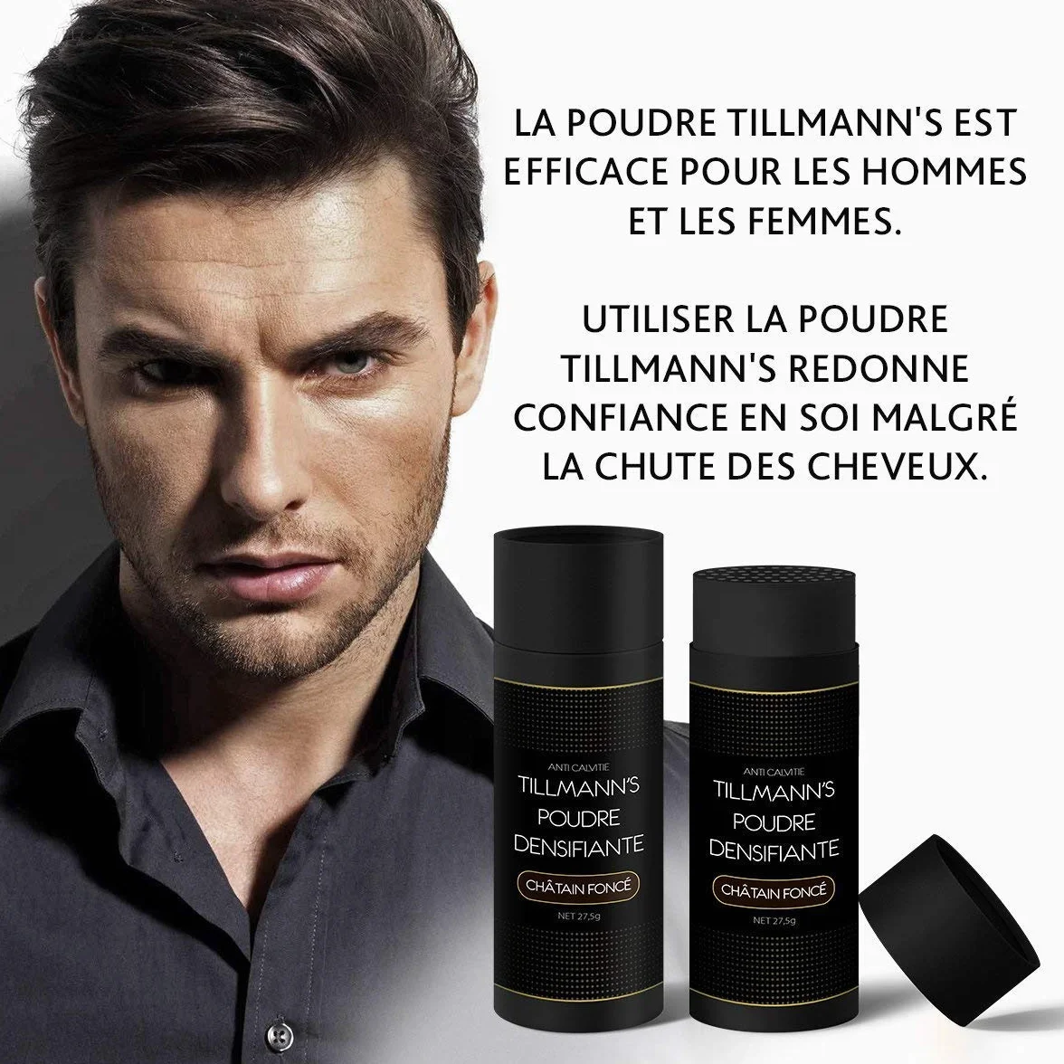 Tillmann's Poudre Cheveux Homme et Femme - Poudre Densifiante Barbe | Fibres Capillaires 27,5G - Châtain Foncé-Brun (2 Bouteilles)