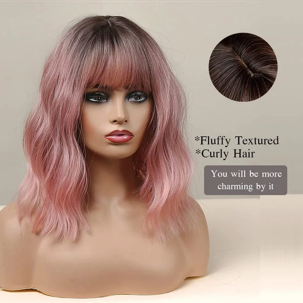 Esmee 14 Pouces Court Ndulée Ombre Rose Bob Perruque avec Franges Naturelle Synthétique Heat Resistant Perruques pour les Femmes avec des Racines Sombres pour la fête Quotidienne Cosplay Portez