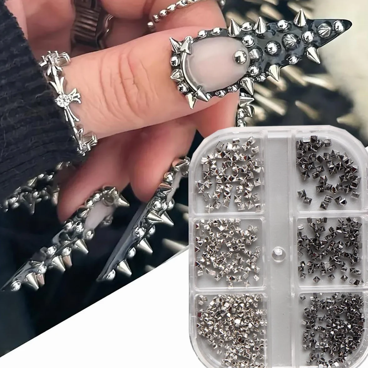 Breloques pour Ongles Rivets Métal Nail Art Noir Argent, 1 Boîte 6 Cellules DIY Fille Dames