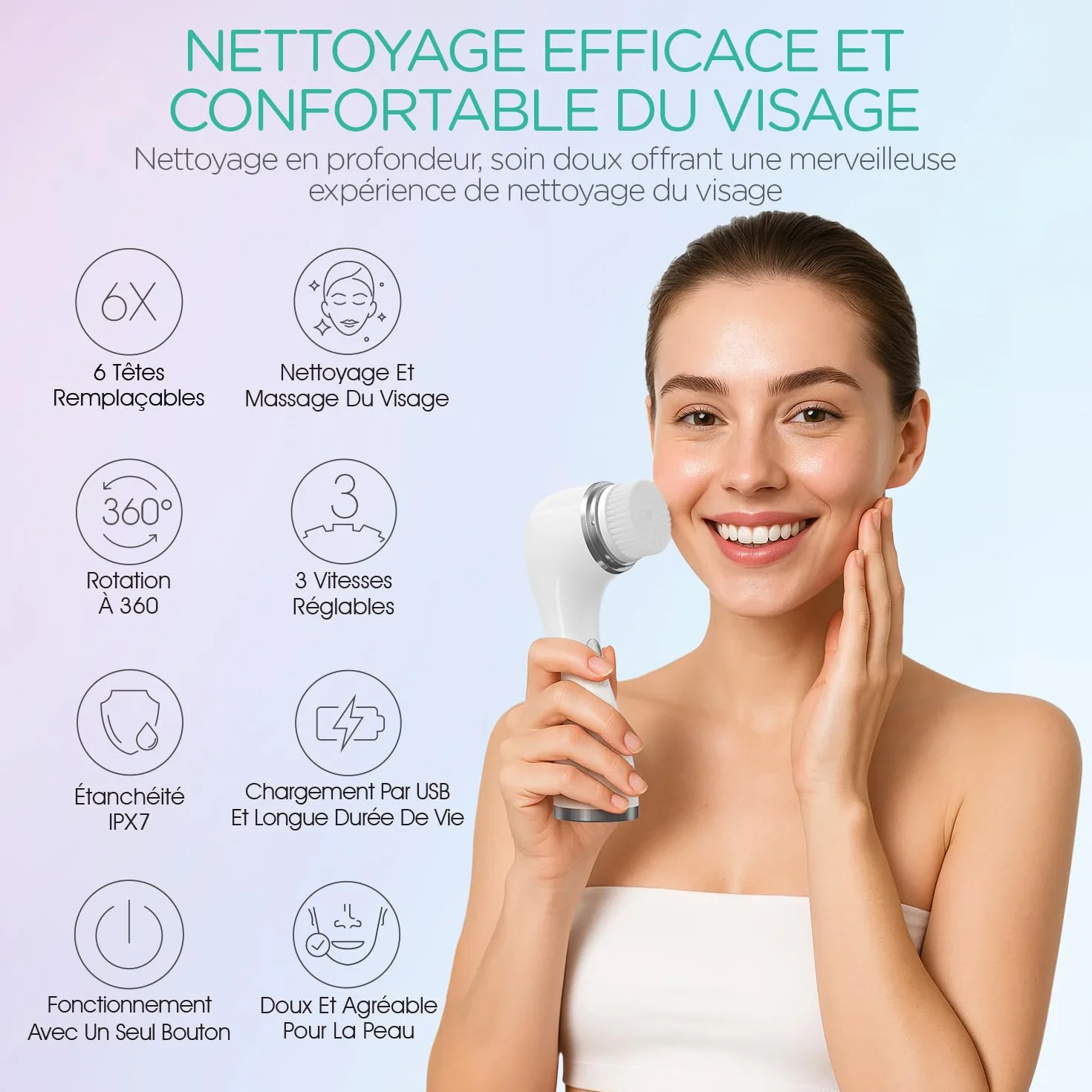 VOYOR Brosse Nettoyante Visage Rechargeable 3 Réglages de Vitesse Brosse Visage pour un Nettoyage en Profondeur du Visageet et une Exfoliation, 6 en 1 Imperméable Brosse Électrique Visage FB101