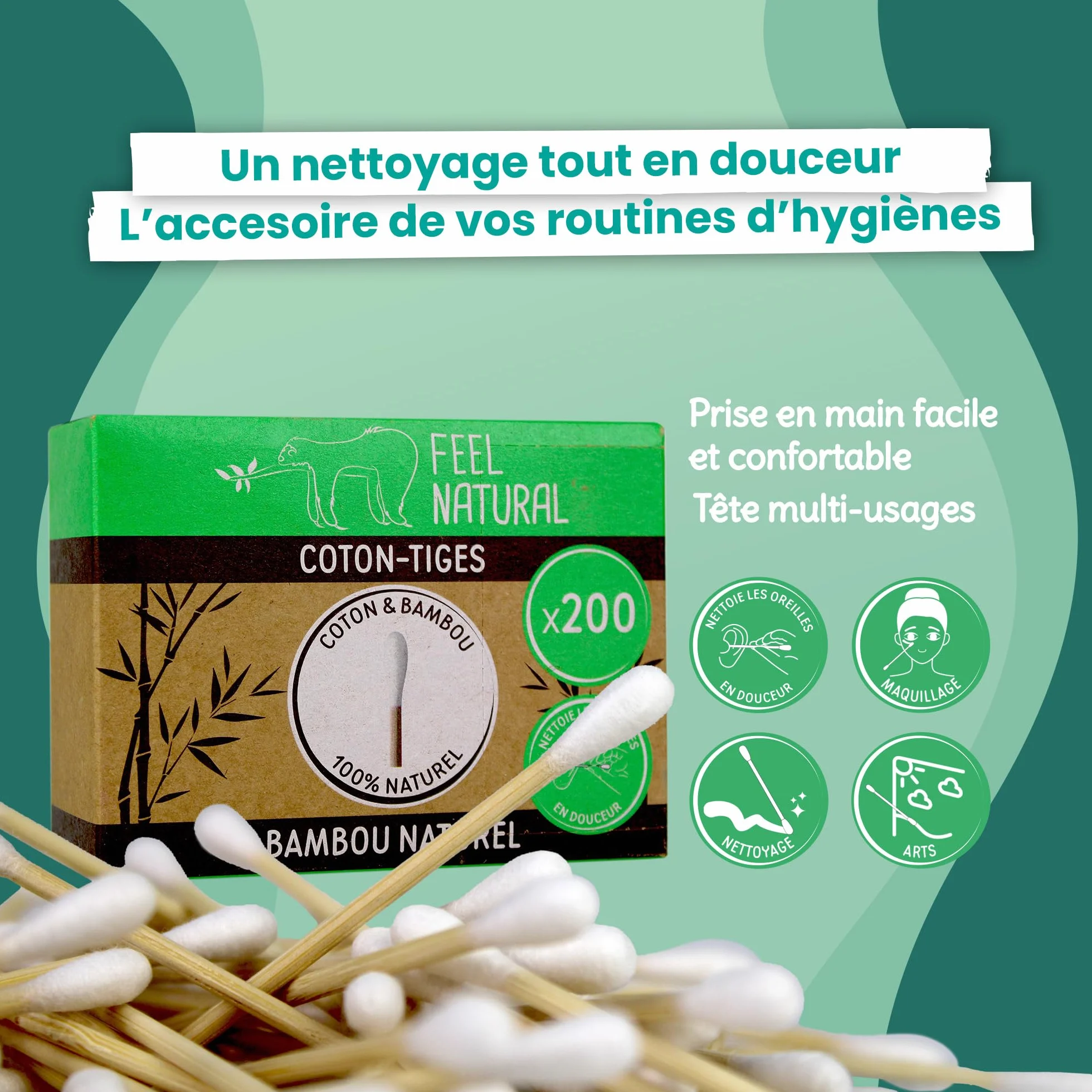 Bambou Feel Natural Coton Tige Bambou Boîte 200 Cotons Tiges Blanc Hygiène Oreille Démaquillage