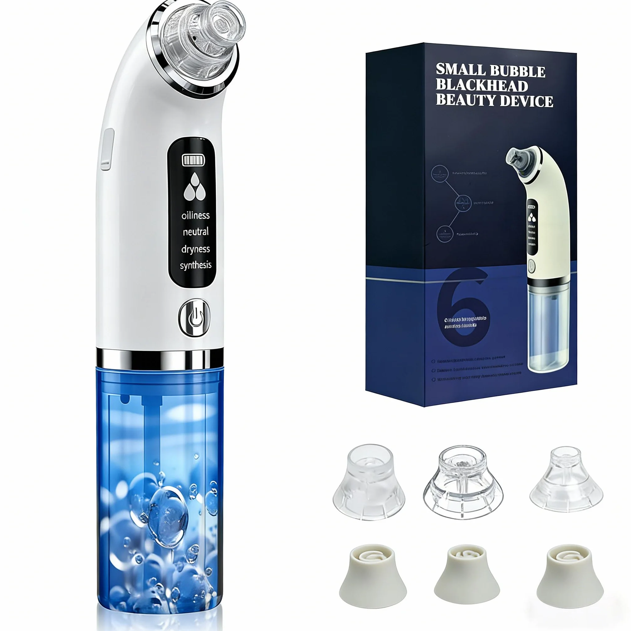 Aspirateur Pour Points Noirs, Extracteur Points Noirs Visage pour le Nettoyage du Visage, Traitement de l'acné et Soins de la Peau, 4 Modes, 6 Sondes et Réservoir d'eau Visible, Rechargeable-Blanc