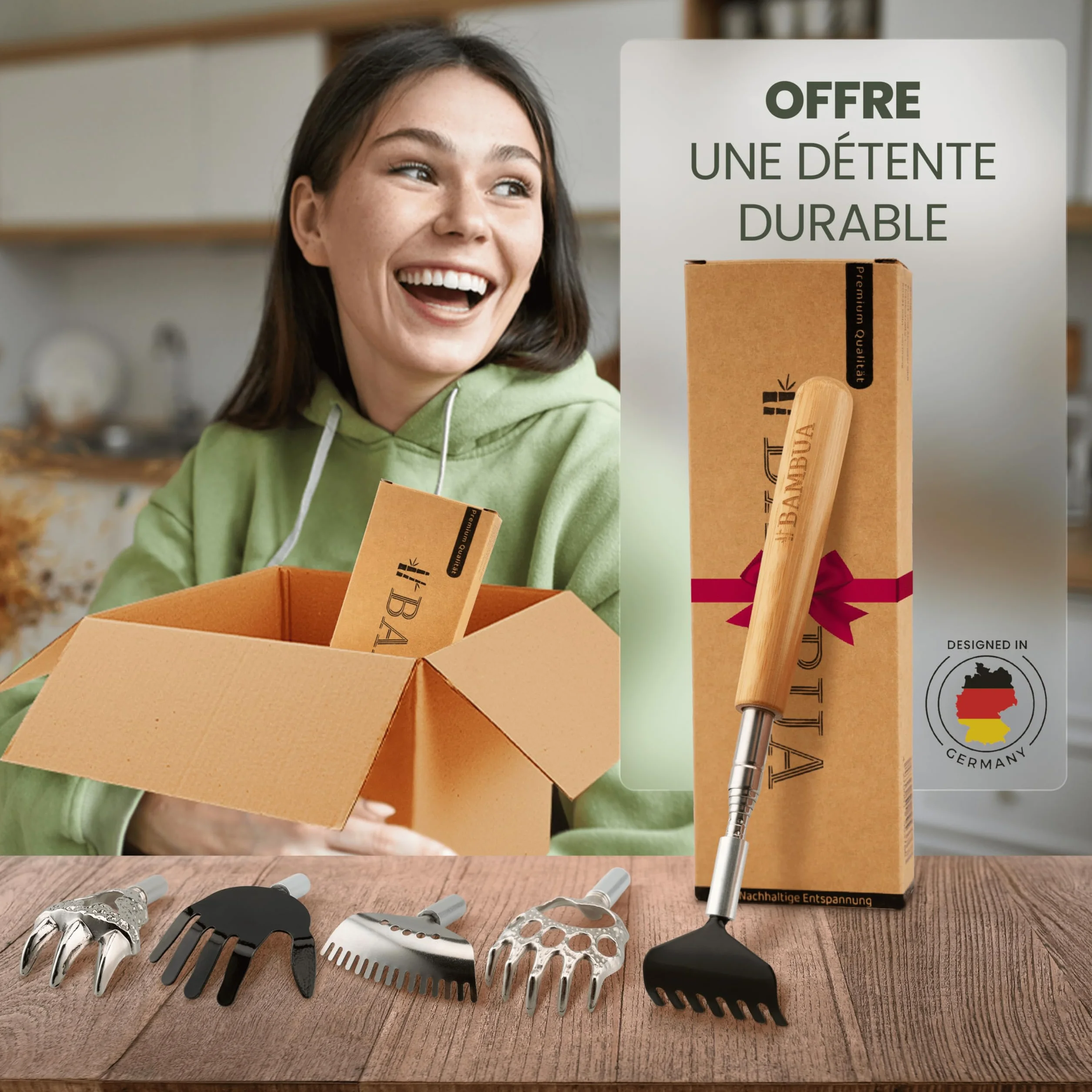 BAMBUA Gratte Dos Télescopique en Acier Inoxydable avec 5 Embouts - Manche en Bambou