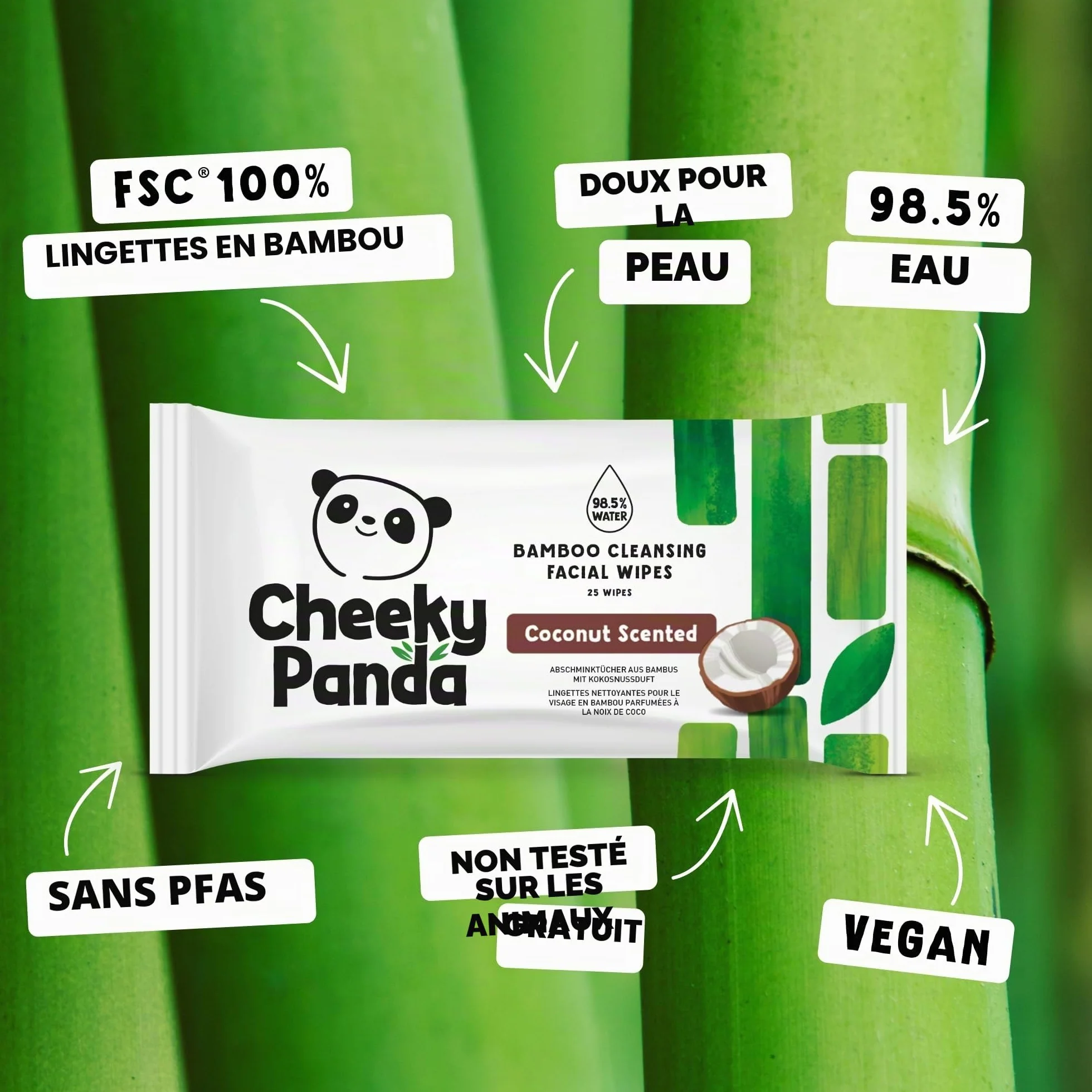 The Cheeky Panda Lingettes Démaquillantes 25 Lingettes Parfum Noix de Coco 100% Bambou