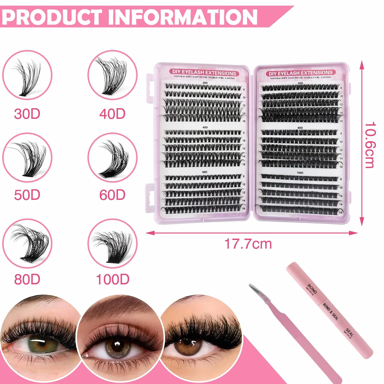 VEGCOO 570 Pièces Faux Cils Individuel Professionnel D Curl, Cluster Lashes 8-16mm Mix Kit