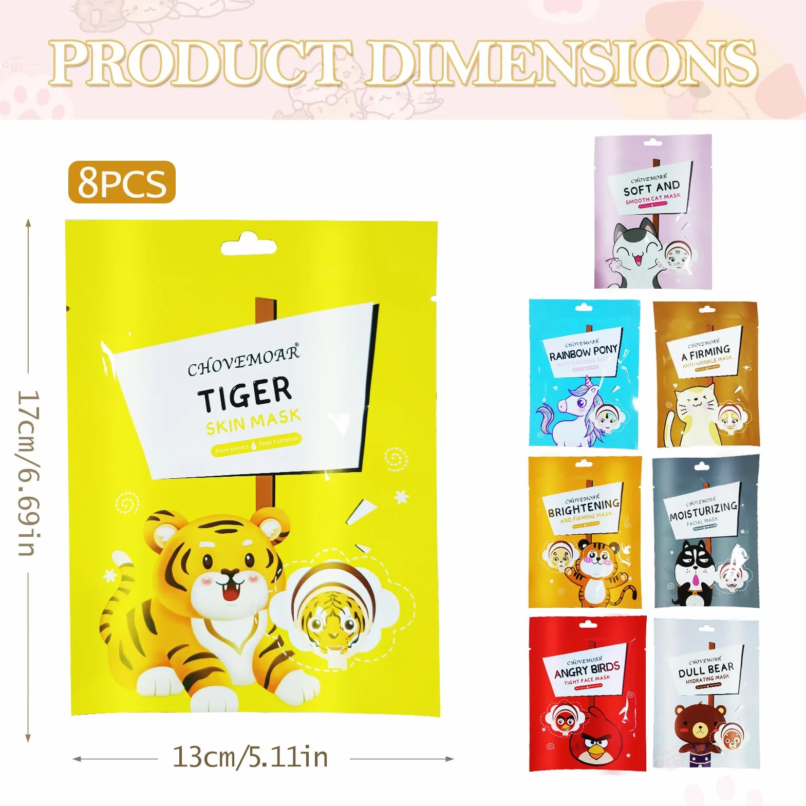 Masque Visage Enfants Fille 8 Pièces Animaux, Masque Tissu Visage Enfant, Masque Beauté Ado