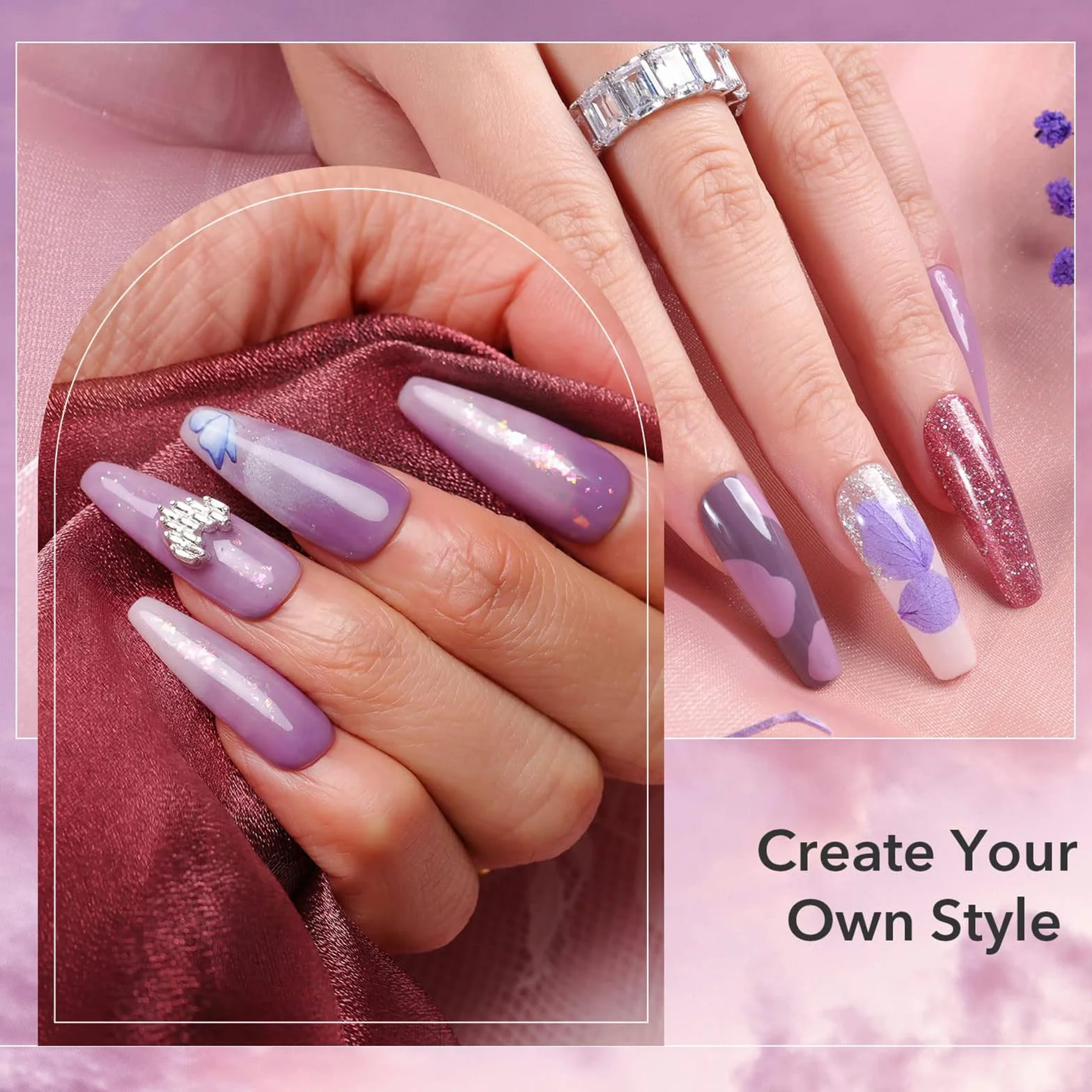 Aokitec Ensemble de 14 poudres à tremper pour ongles, poudre acrylique paillettes lilas avec base, activateur, pinceau protecteur