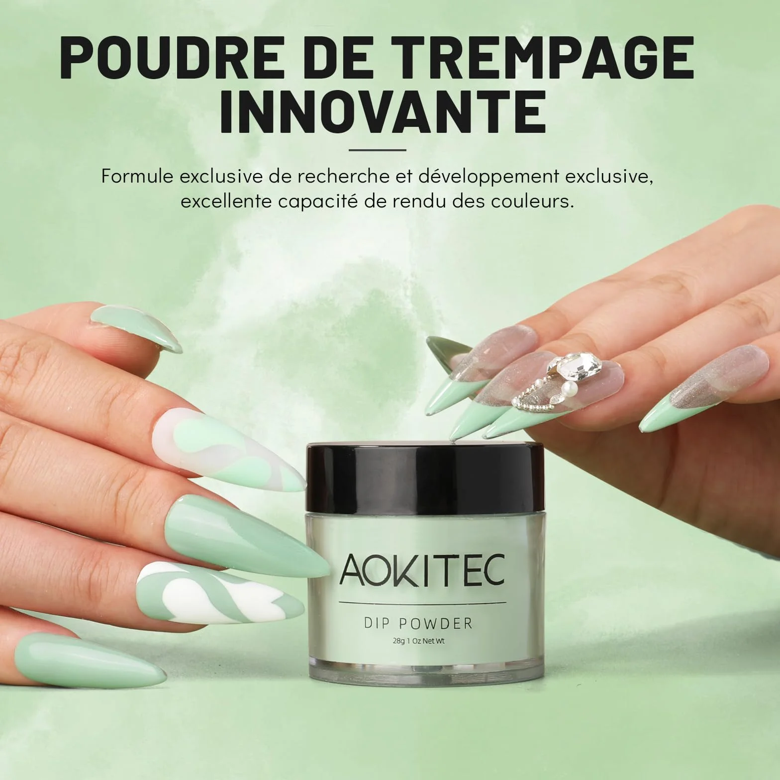 Aokitec Dip Powder 28g Vert Pastel, Poudre à Tremper Acrylique Nail Art Français Longue Durée