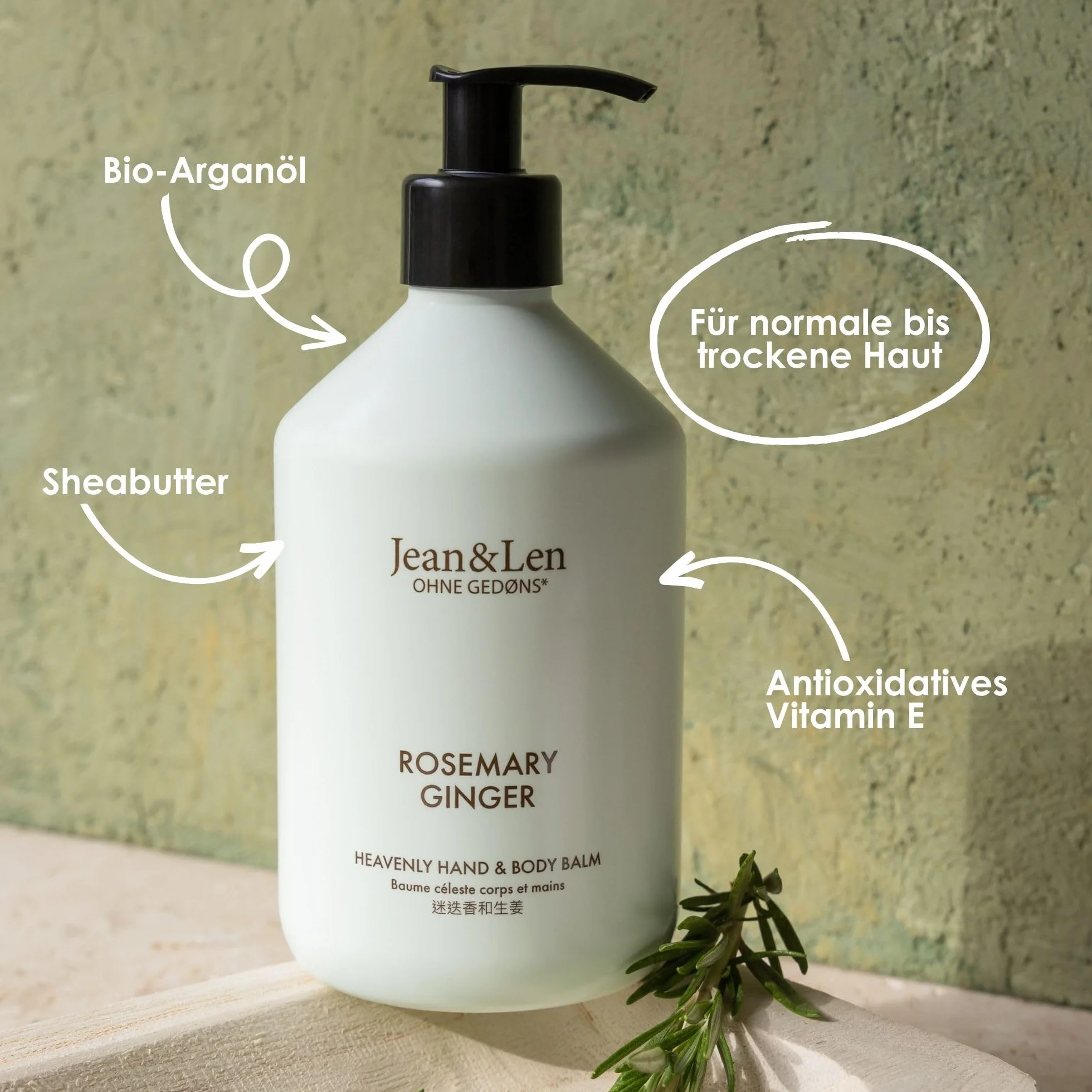 Jean & Len Heavenly Rosemary & Ginger Lot de 6 baumes pour les mains et le corps parfumés à l'huile d'argan bio et au beurre de karité Flacon de qualité supérieure sans parabène ni silicone 6 x 500 ml
