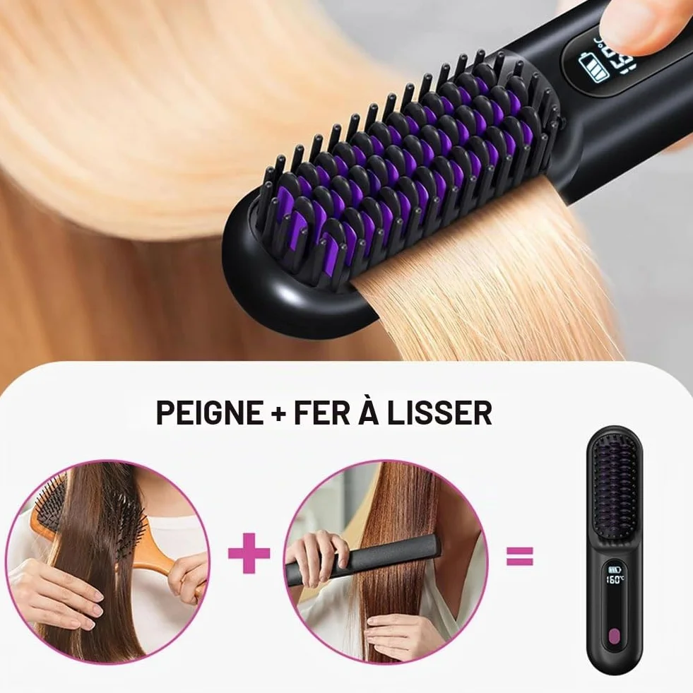 Brosse à Cheveux électrique sans fil Rechargeable Chauffante avec affichage LED 3 Niveaux de Température Lisser Boucler
