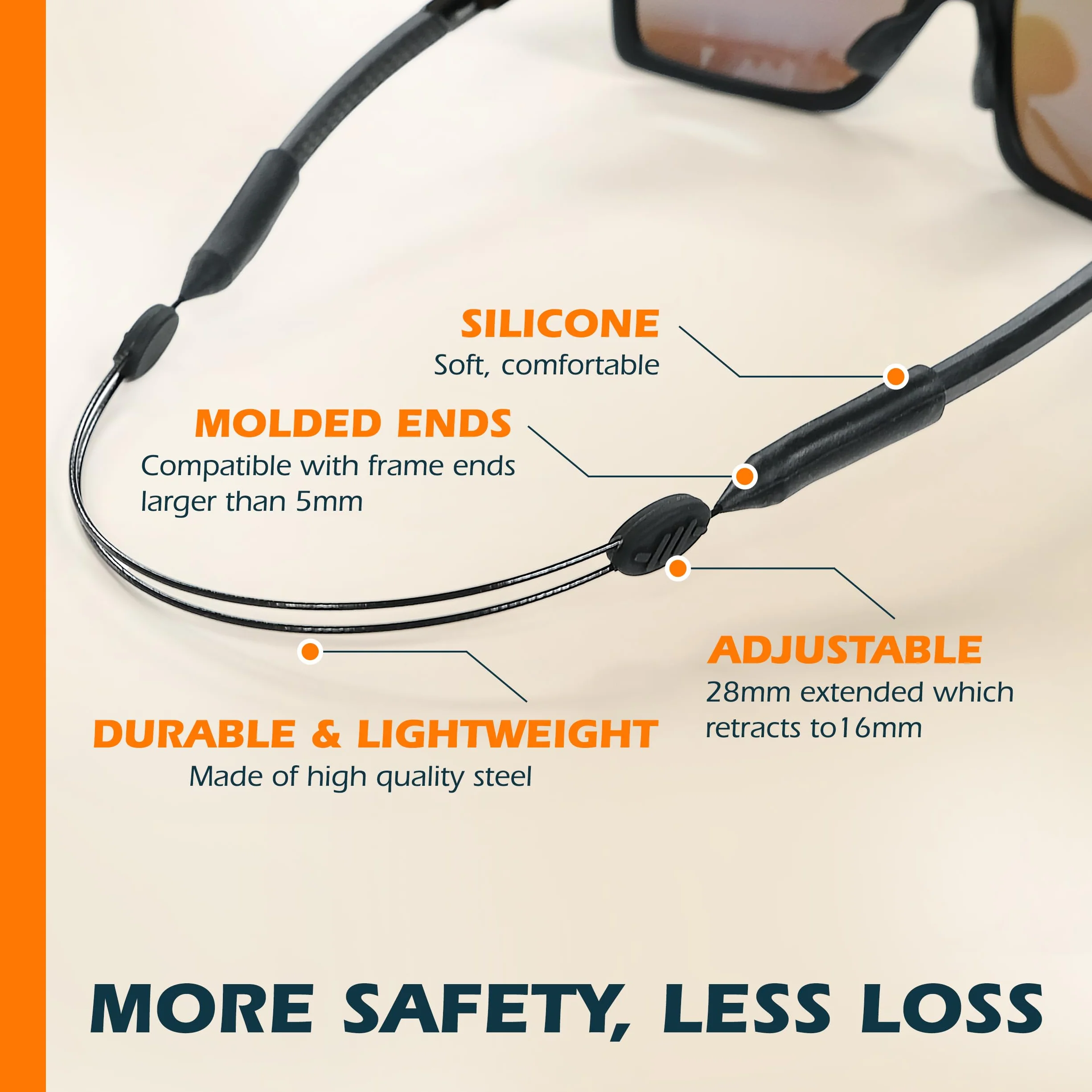 80Days Cordon de lunettes réglable avec embouts en silicone pour lunettes de vue et de soleil