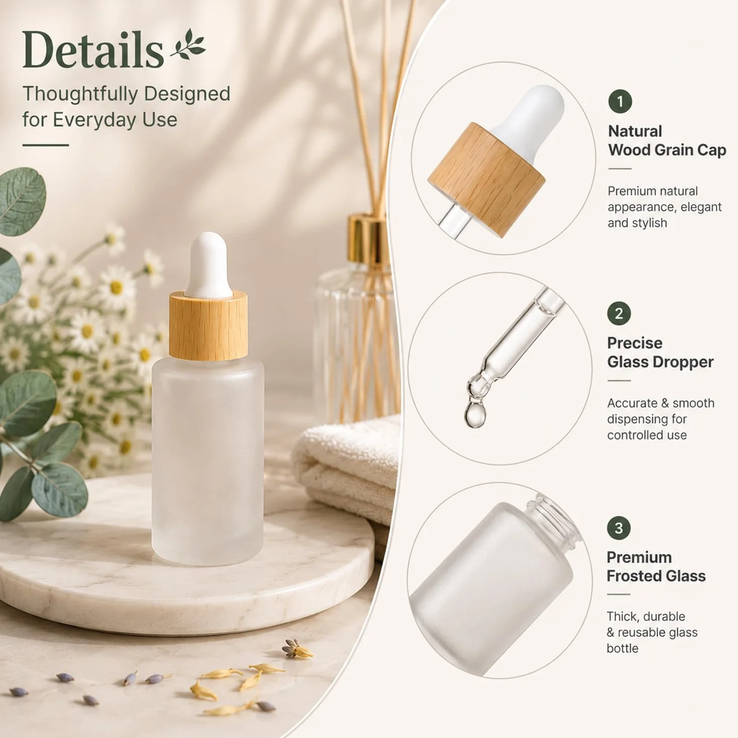 Lot de 12 flacons compte-gouttes en verre dépoli de 30 ml pour huiles essentielles avec bouchons en bois vides avec couvercles en bois pour voyage, maison, magasin