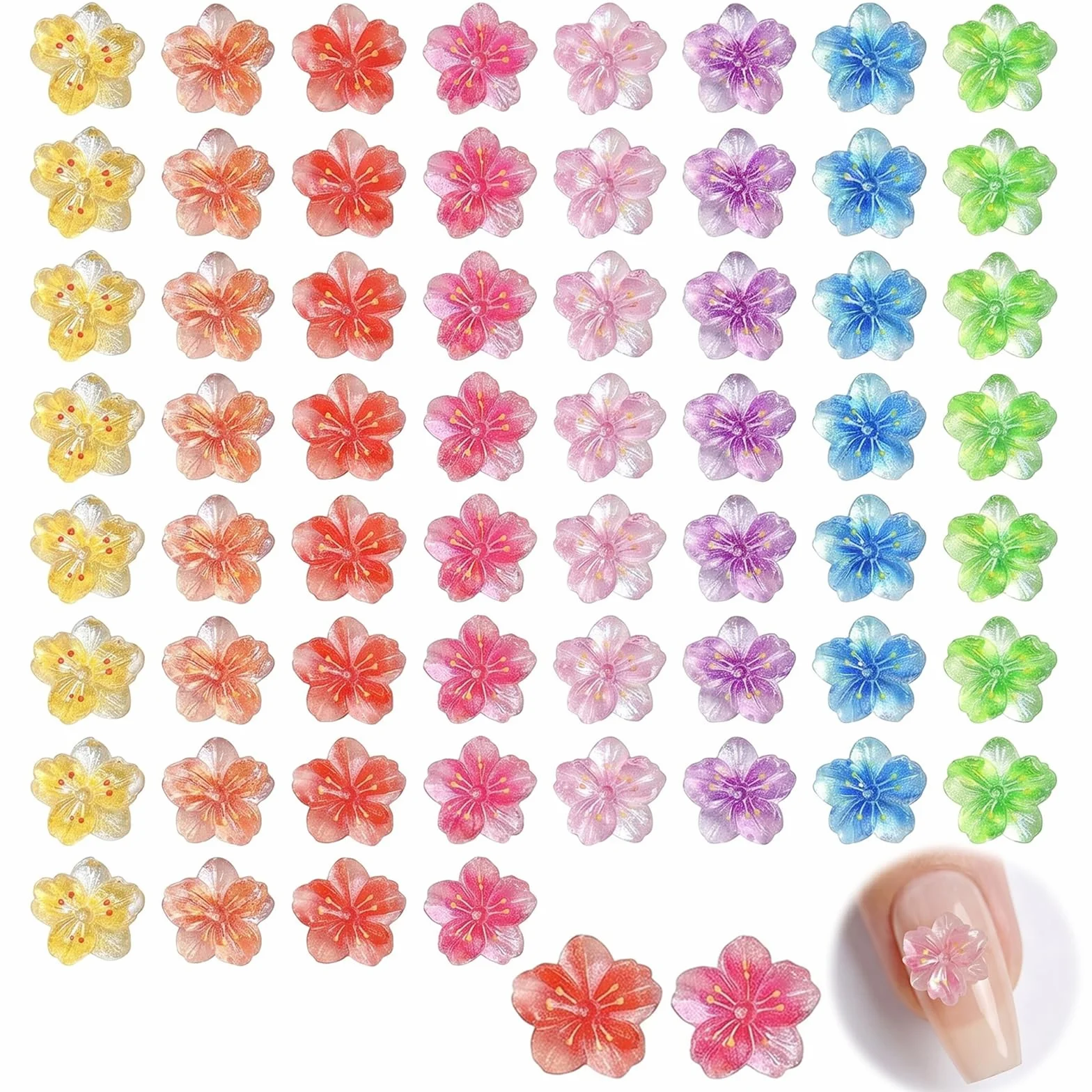 60 Pièces Charms Ongles Fleur 3D, Nail Art Strass Transparents Style Hawaïen, Décoration Ongle Résine pour Manucure Été