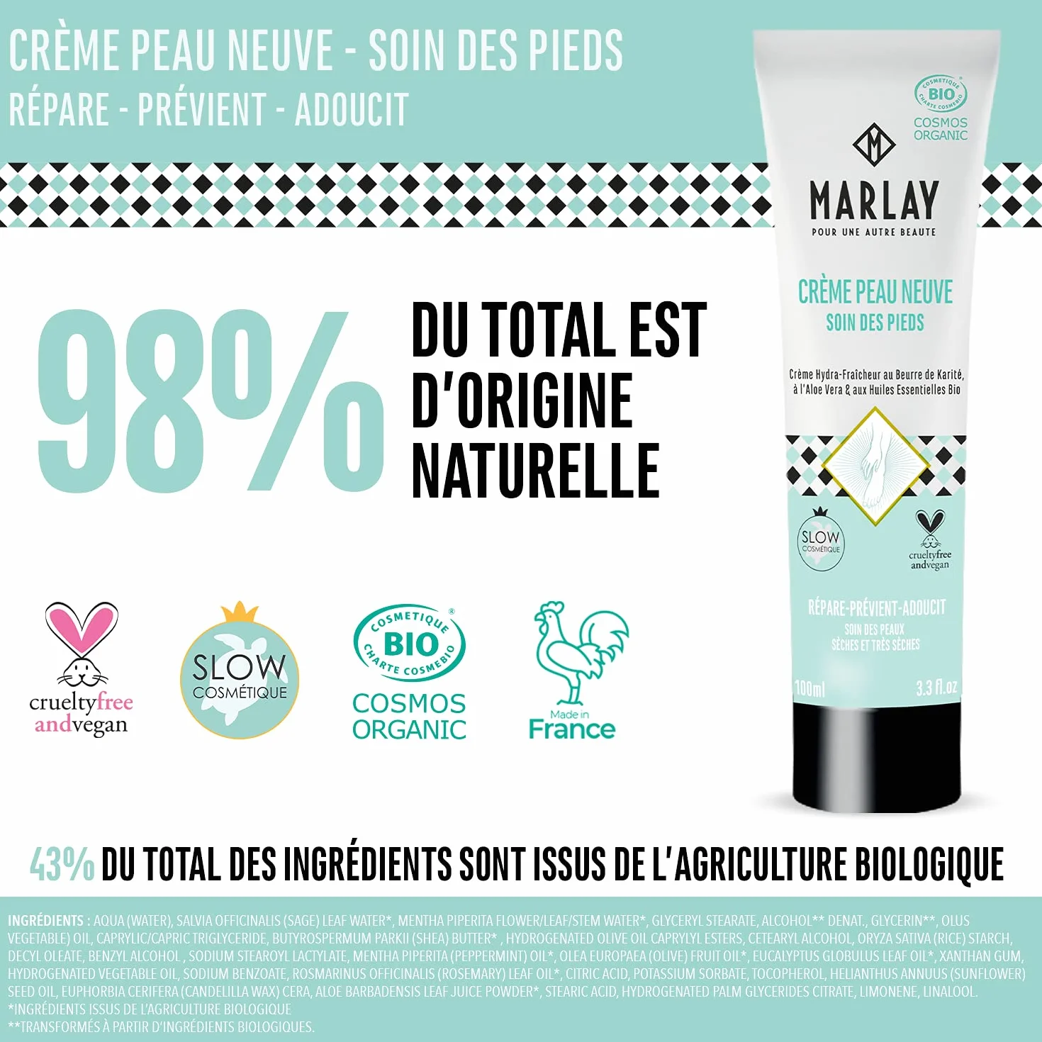 Marlay Cosmetics Crème Peau Neuve 100 ml Anti-transpirante Anti-échauffements 99% Origine Naturelle Fabriquée en France