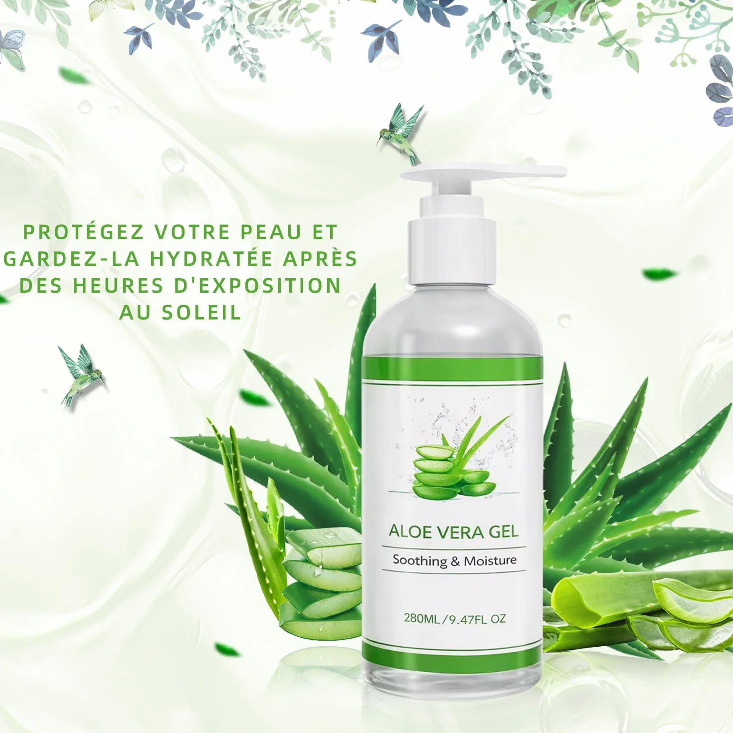 Gel d'Aloé Vera Bio Pur 280ml Hydratant Visage Cheveux Corps Après Soleil