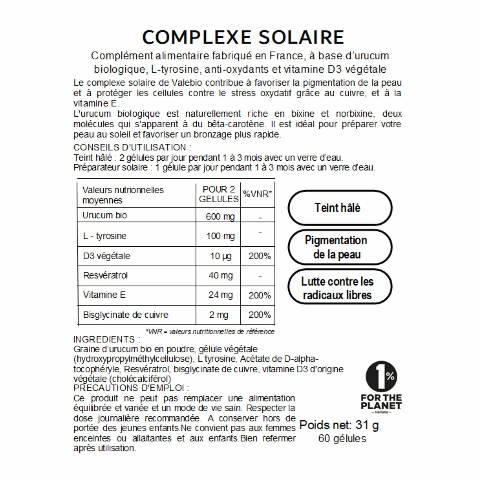Complément alimentaire solaire Valebio 60 gélules Vitamines D3 accélère bronzage