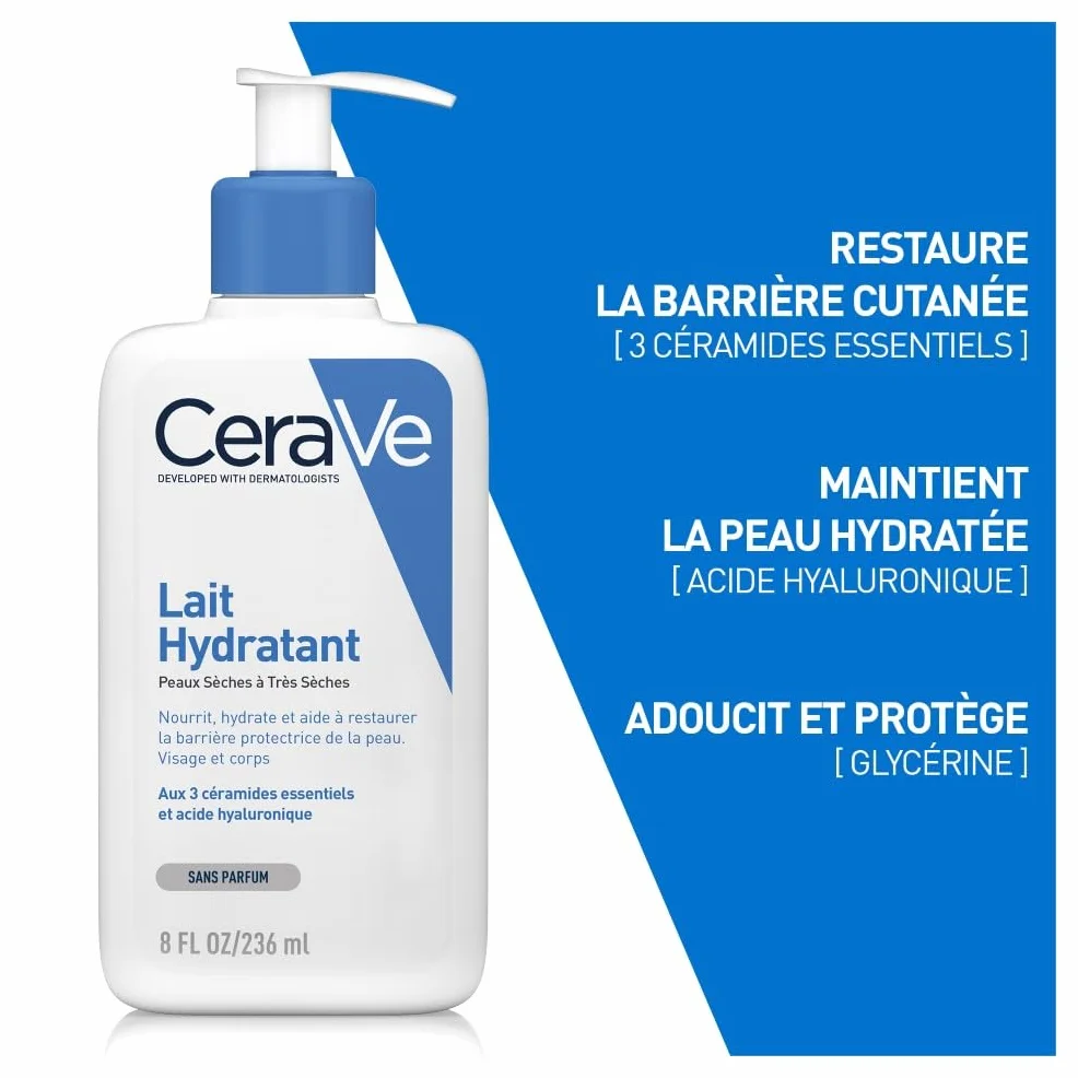 CeraVe Lait Hydratant Visage & Corps 236 ml Acide Hyaluronique 3 Céramides Essentiels Peau Sèche