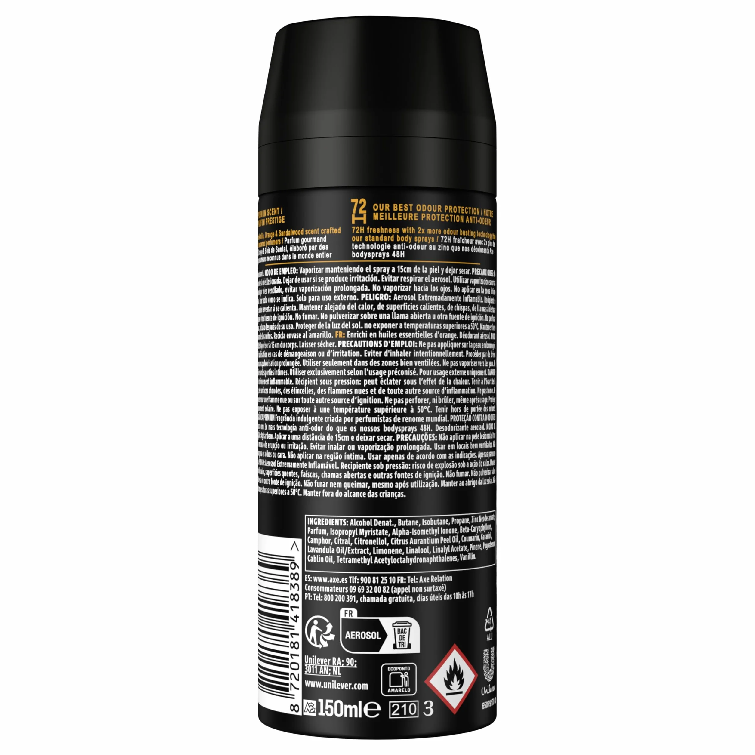 AXE Déodorant Homme Spray Anti-Transpirant Black Vanille Collection Prestige 72h lot de 2x150ml