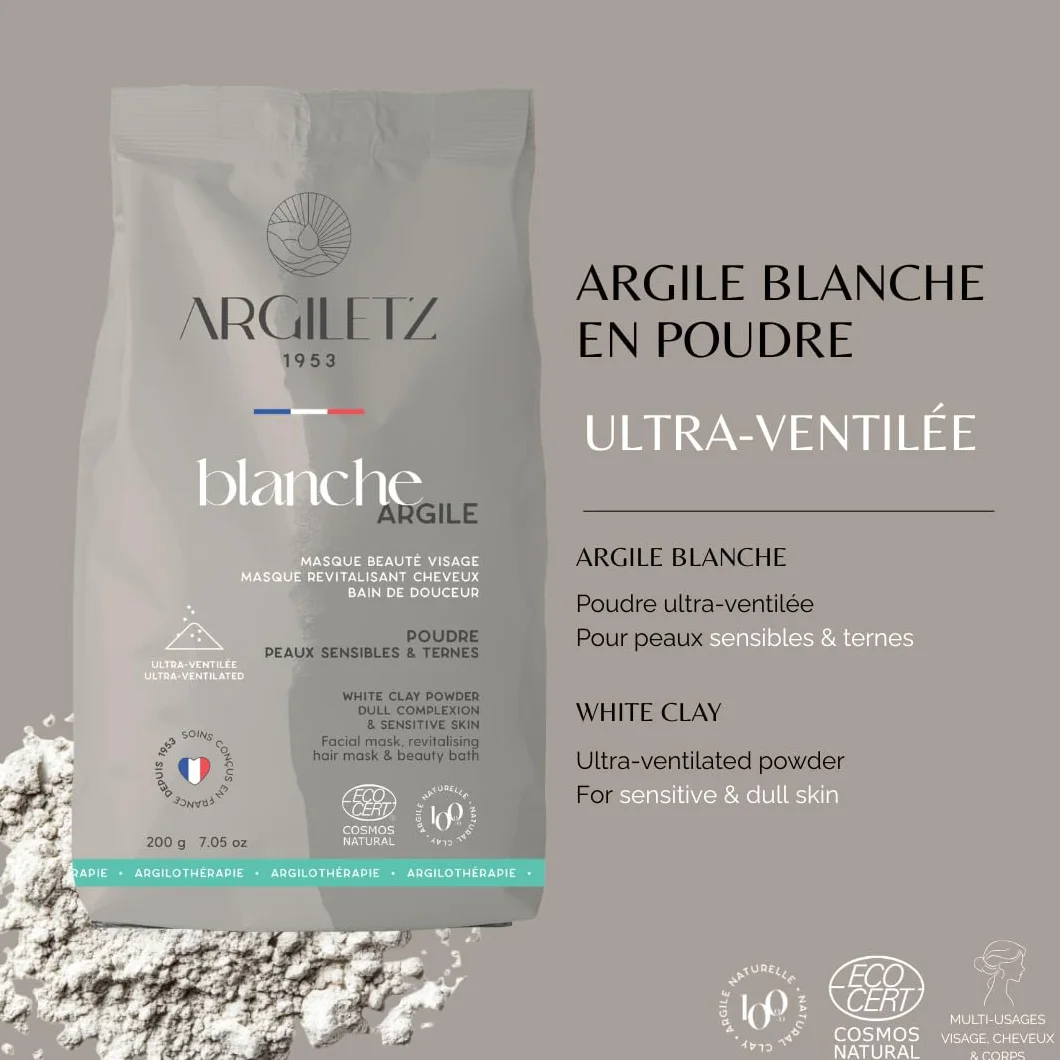 Argiletz Argile Blanche Ultra Ventilée 200g Poudre Très Fine – Masque Visage Cheveux Peaux Mixtes Sensibles Argile Naturelle