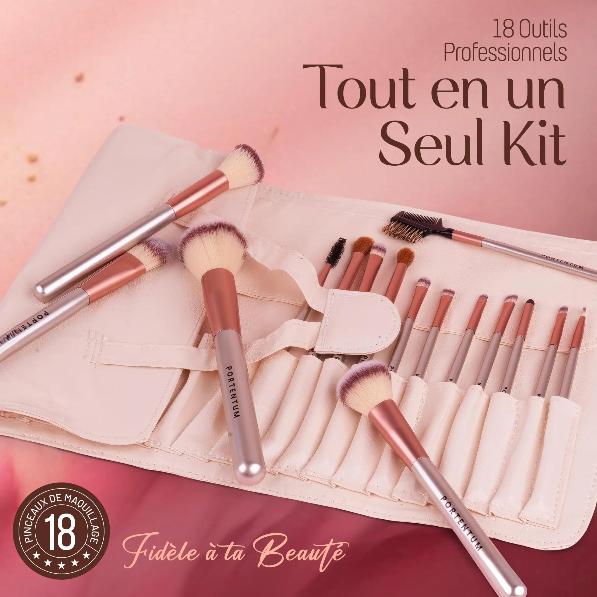 PORTENTUM Pinceaux maquillage Lot de 18 avec étui de voyage Kabuki fibre synthétique fond de teint