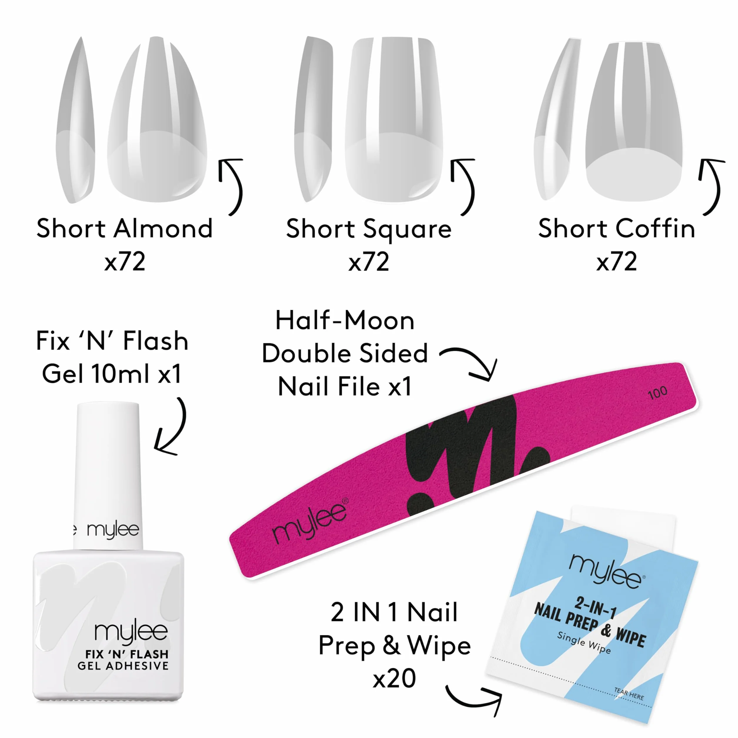 Kit Mylee Fix N Flash Soft Gel Tips Shorts, 3 formes, 216 pcs – Amande, Carré & Coffin, avec Gel, Lingettes Préparatrices & Lime demi-lune, Extension Ongles, Souples & Résistants