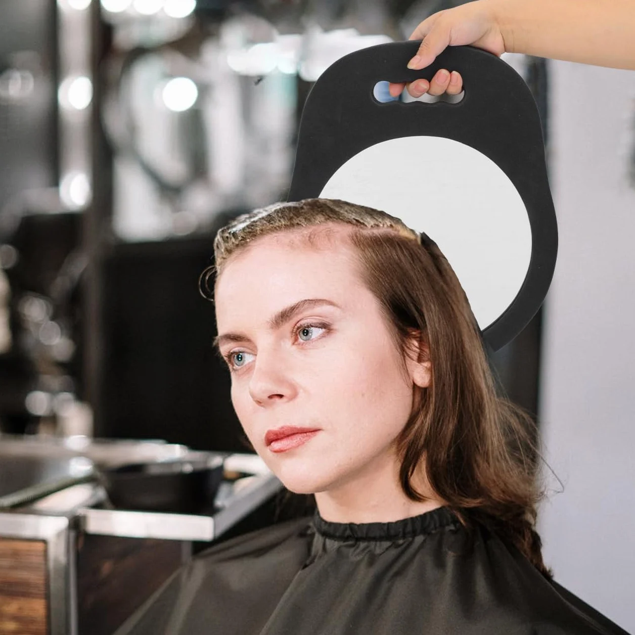 Lurrose Miroir Rond Portable À Main avec Cadre en Mousse Ergonomique 13.39x10.83x0.59 Pouces Miroir De Coiffure pour Salon Maquillage Usage Professionnel Et Domestique