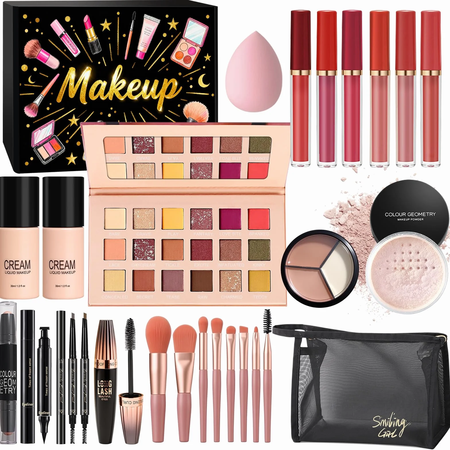 Kit de Maquillage Complet, Coffret Cadeau de Maquillage Femme Ado Fille, Coffret de Maquillage avec Ombres Paupière, Fond de Teint, Correcteur, Gloss à Lèvres, Crayon à Sourcils, Mascara, Trousse