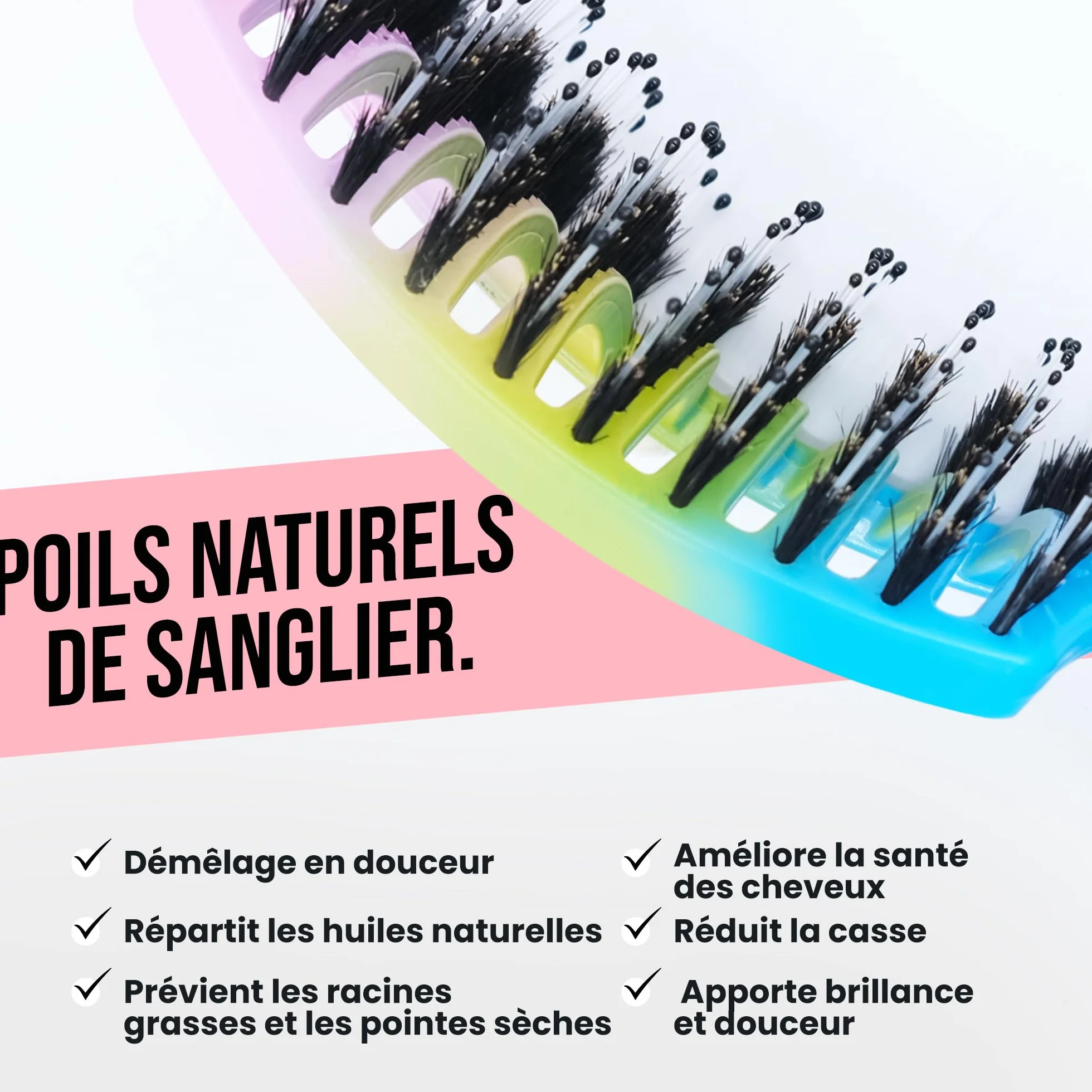 Brosse à Cheveux Magique Démêlante Instantanée Poils de Sanglier & Nylon Anti-Casse Anti-Statique Cheveux Bouclés Lisses Épais Fins
