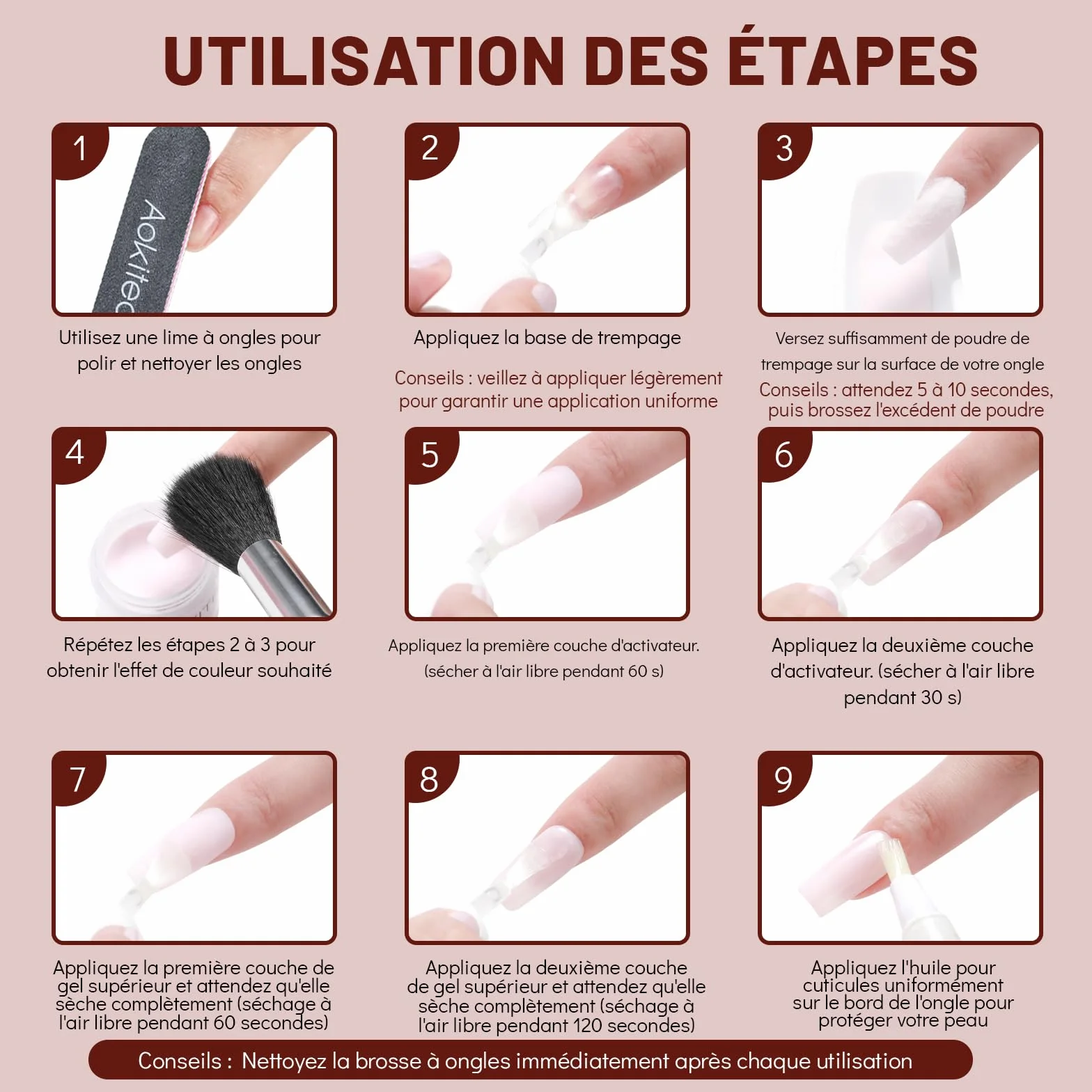 Aokitec Kit de poudre à ongles 8+1 couleurs poudre construction base activateur finition nail art français