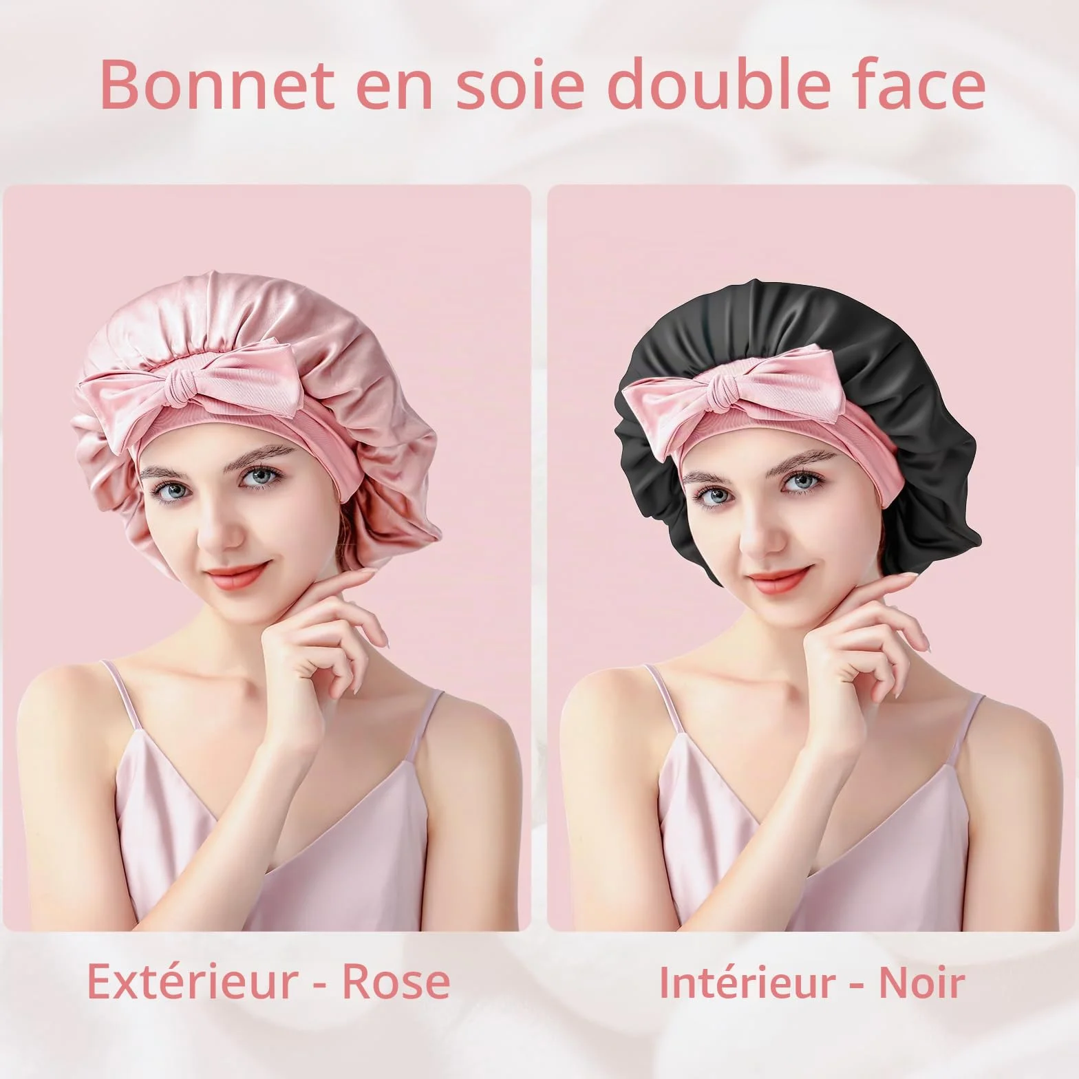 bonnet soie cheveux nuit, 22 Momme double couche silk bonnet, 100% soie de mûrier, doux et confortable, utilisable des deux côtés, convient à tous les types de cheveux - Rose
