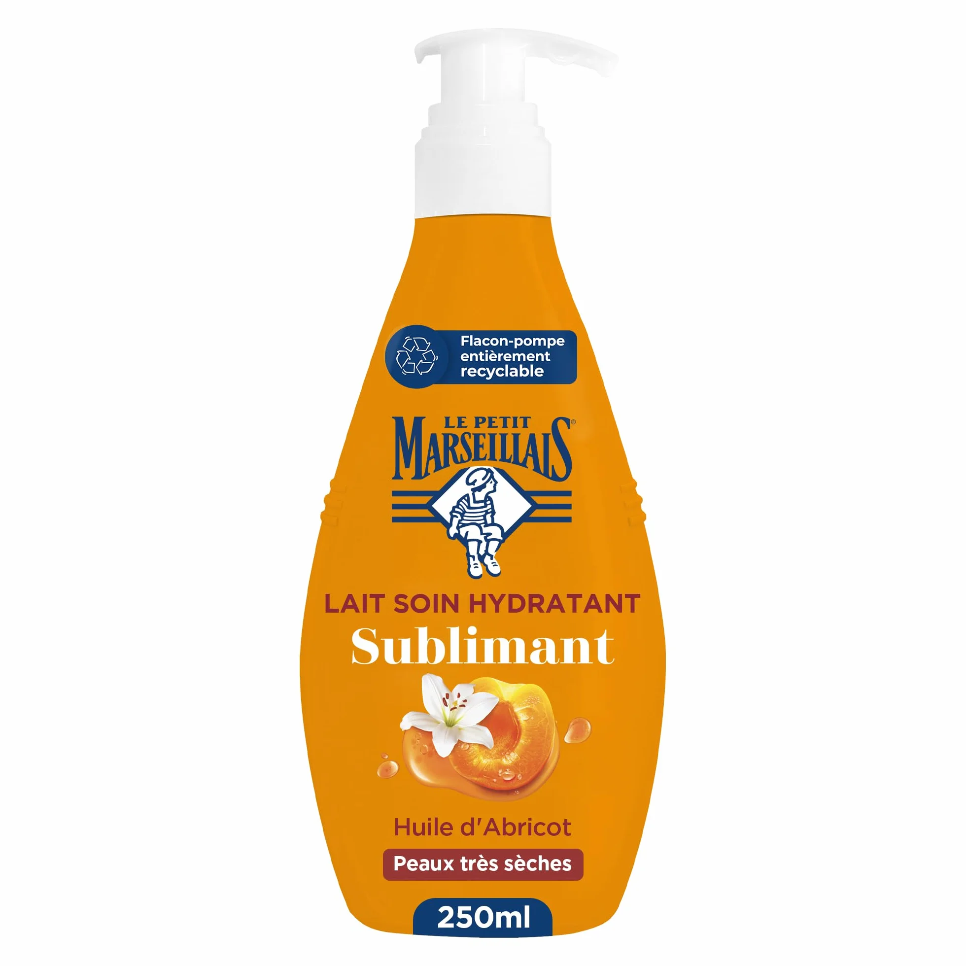 Le Petit Marseillais Lait Soin Hydratant Nacré Sublimant Corps 250 ml Peaux Très Sèches Confort 24H Huile d'Abricot Lys Blanc
