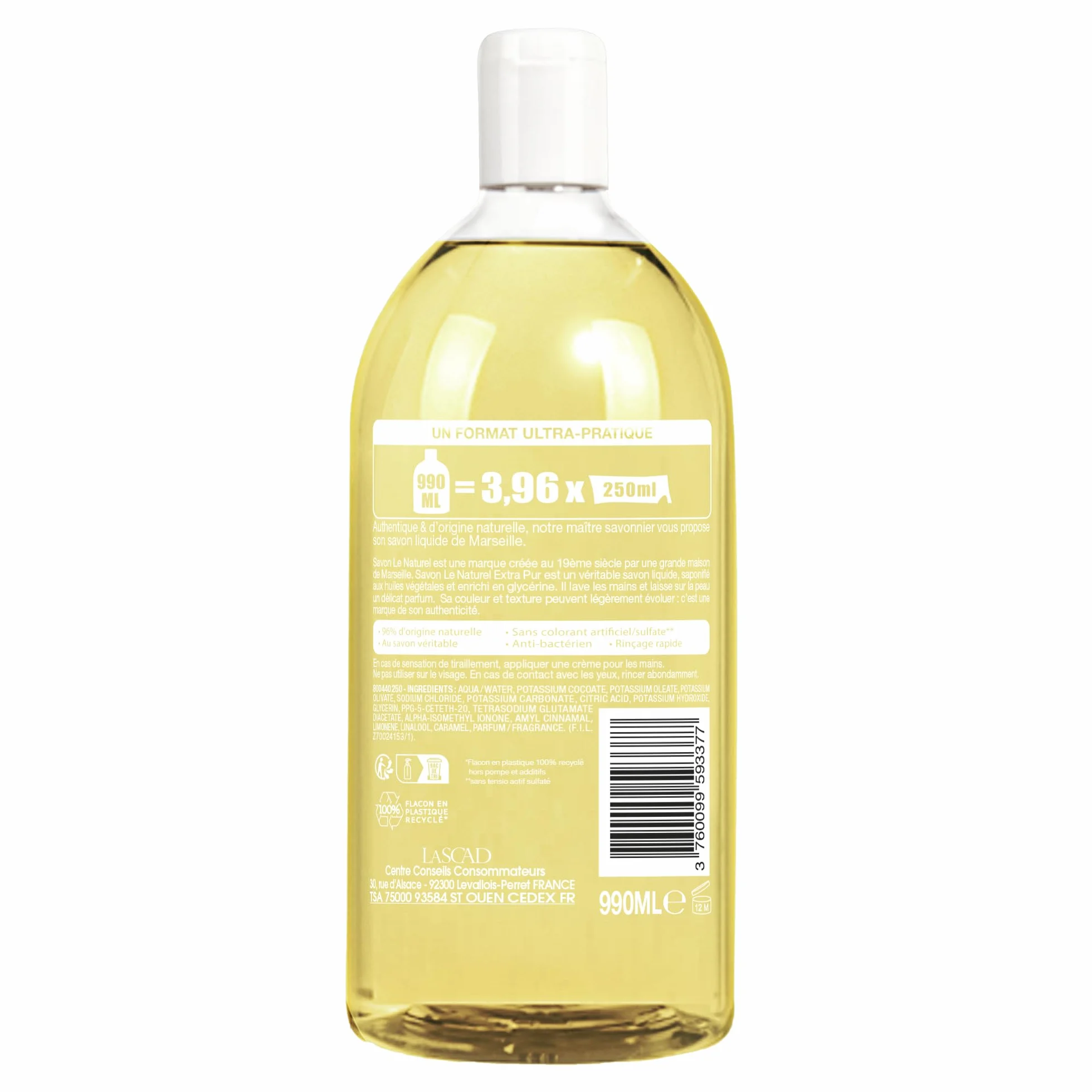 Savon Liquide Extra Pur de Marseille Grand Format Recharge 1 L Antibactérien