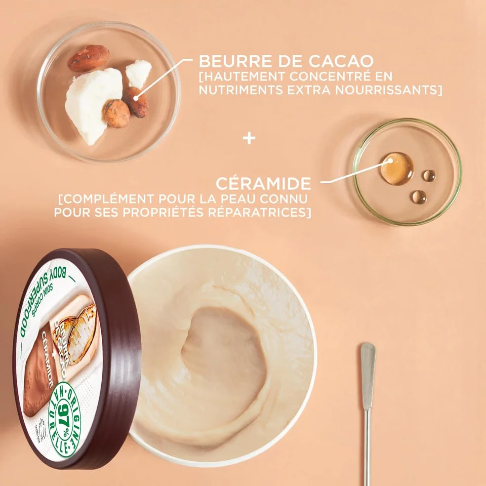 Garnier Body Superfood Crème Soin Corps Réparatrice Hydratation 48H Beurre de Cacao Céramide Peaux Sèches 380 ml