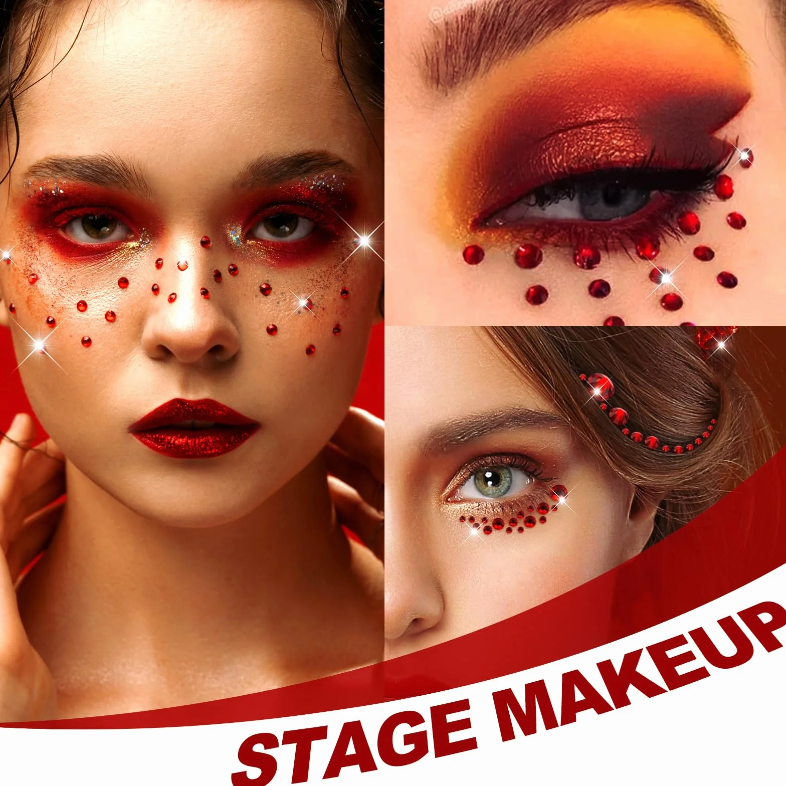Strass Autocollant Visage 2542 Pcs, 5 Feuilles Strass Adhesif Rond 3/4/5/6mm Rouge pour DIY Body Maquillage Décoration