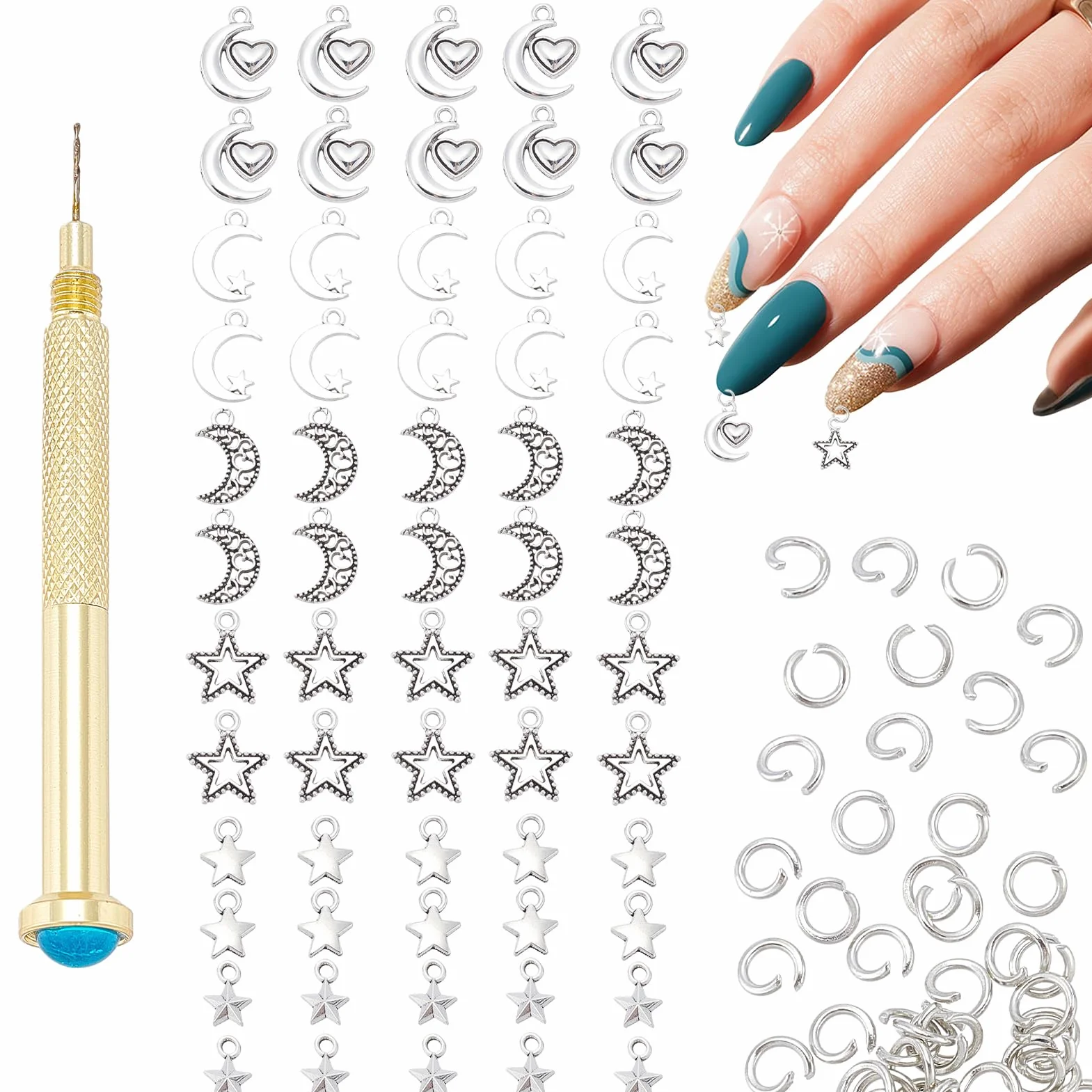 NICENEEDED Breloque Pendante Nail Art 3D Étoile Lune Argentée Anneaux Ongles Alliage Argenté avec Outil Perçage Décoration Artistique