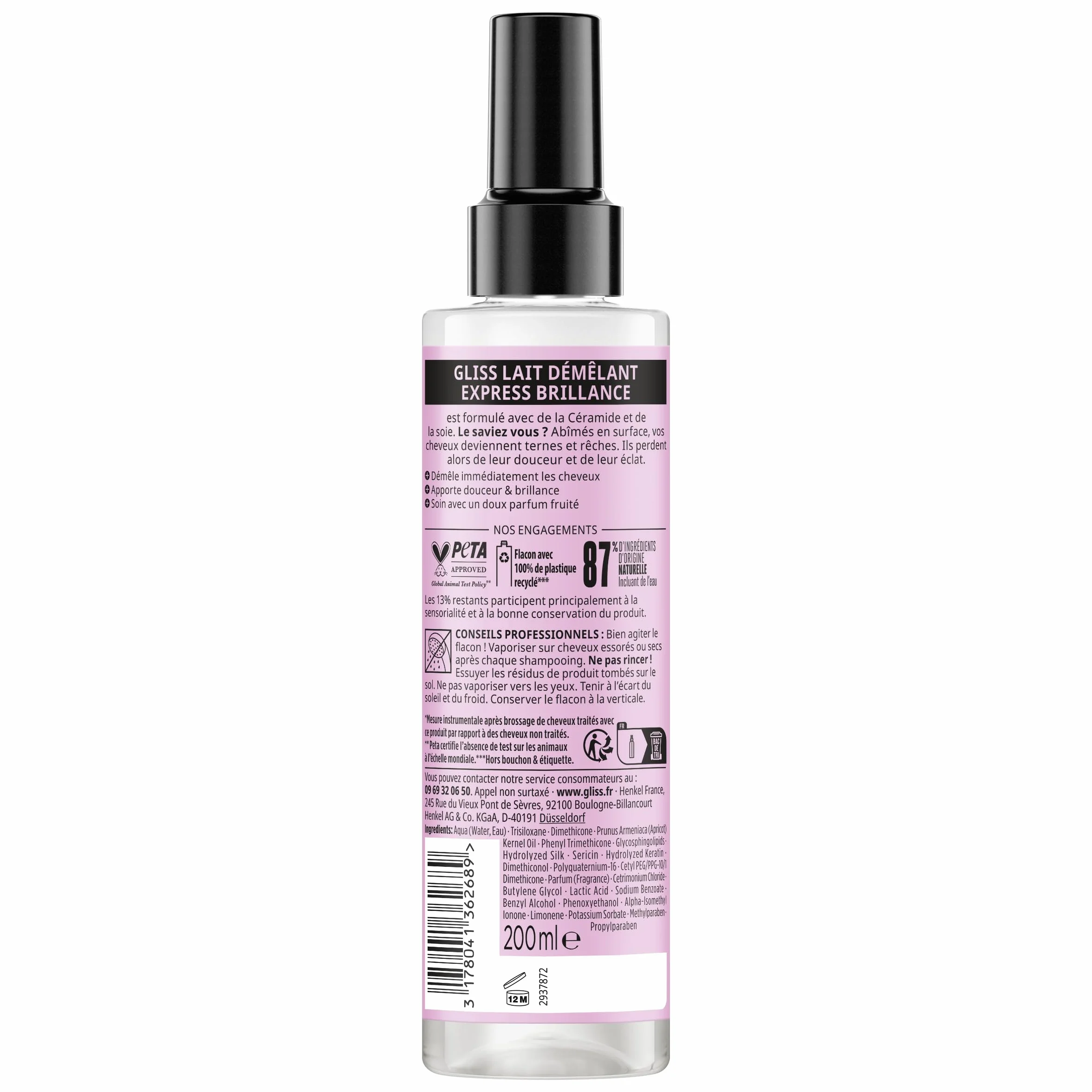 Schwarzkopf Gliss Lait Demelant Express Soie Liquide 200 ml Protection 230°C Cheveux Ternes Cassants