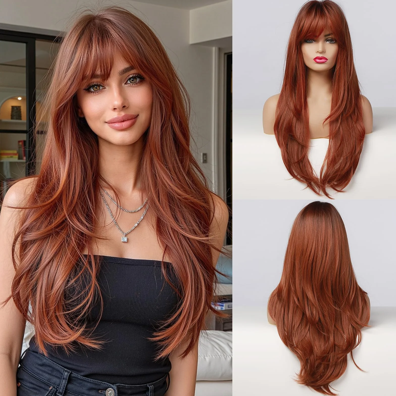 Esmee Perruque Auburn pour Femmes de 24 Pouces avec Frange, Longue Verticale Naturelle, avec racines foncées, Perruque Synthétique Résistante à la Chaleur
