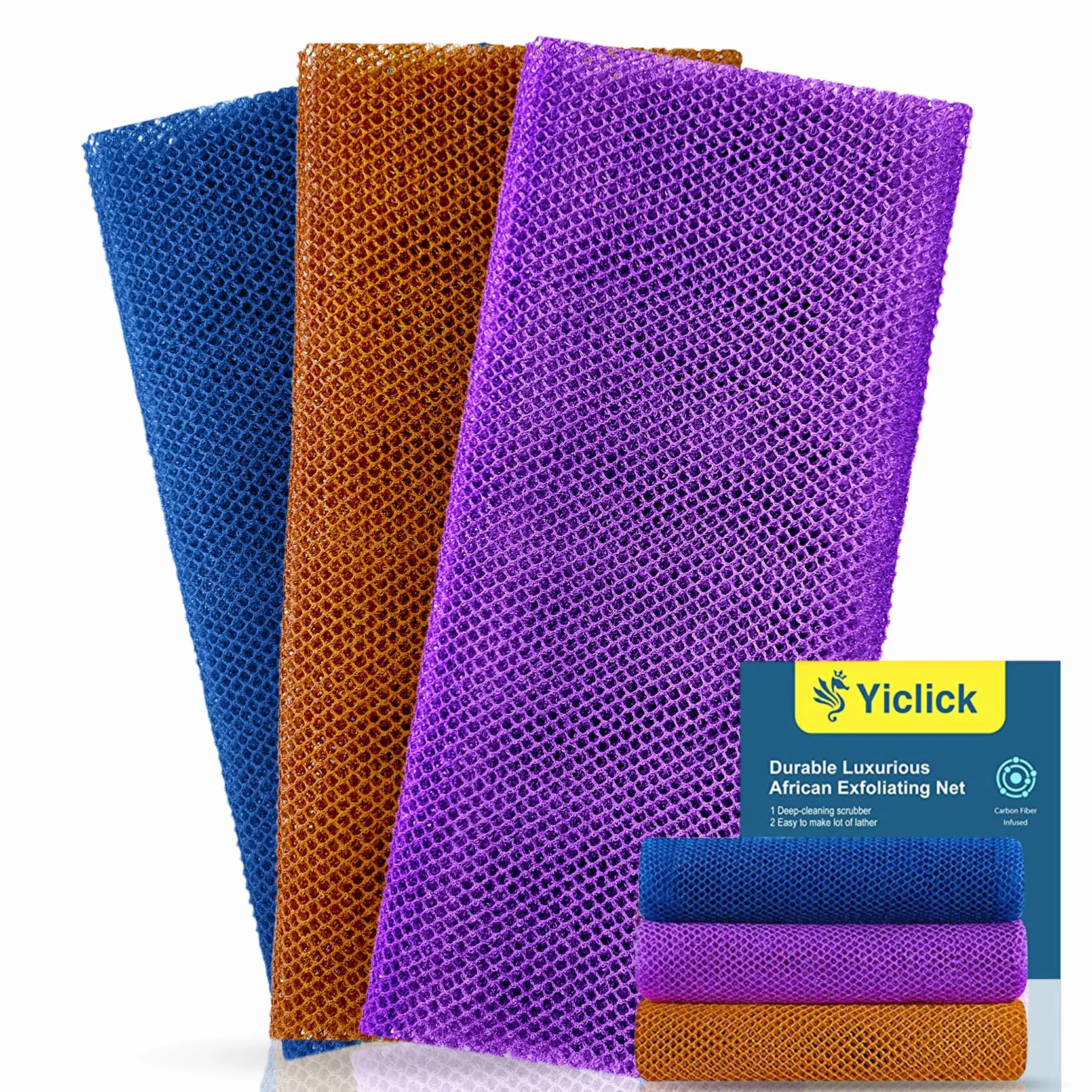 Yiclick 3 Pièces Gant de Toilette Exfoliant Africain, Eponge Douche, Eponge Exfoliante Corps Grande Taille, Gant Douche, Gant Exfoliant Corps Dos, Fleur De Douche Loofah Luffa Bain Brosse