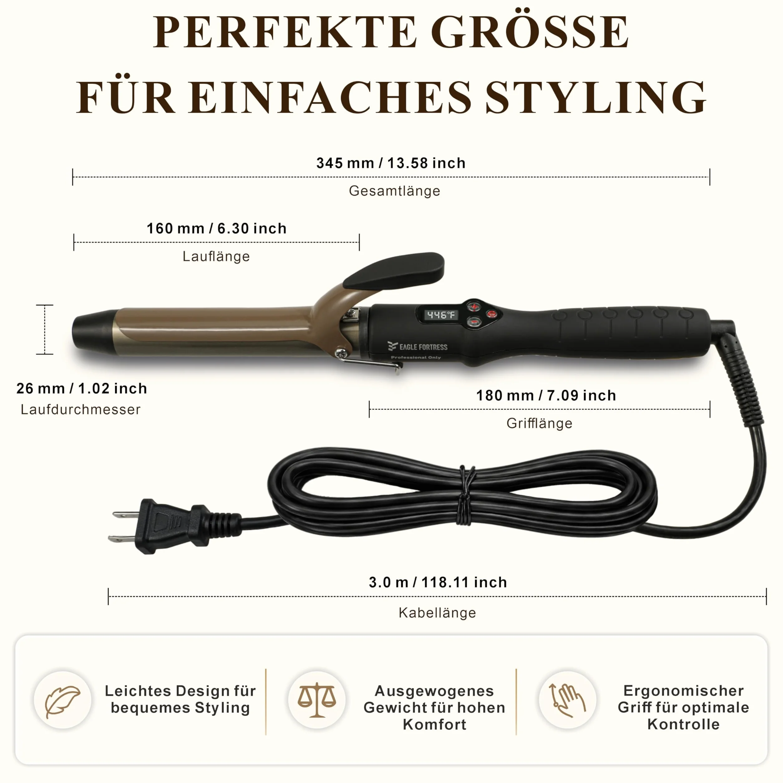 Fer à boucler professionnel avec écran LCD, 30 secondes, chauffage rapide, 60 °C à 230 °C, fer à boucler en céramique en aluminium avec pince, qualité salon pour tous les types de cheveux, câble
