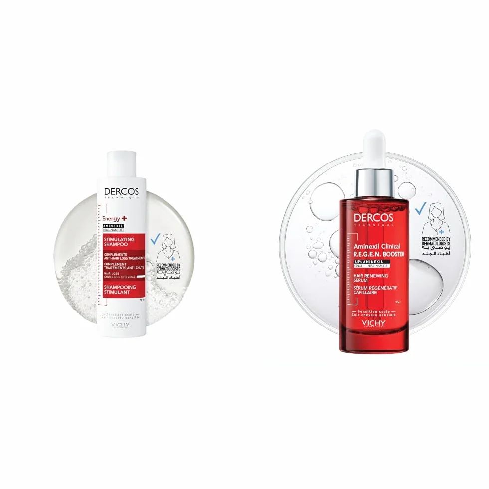 VICHY Dercos Routine Anti-Chute Cheveux, Shampooing Stimulant Energy+ 200ml & Sérum Aminexil Clinical R.E.G.E.N. Booster 90ml, +14 000 Cheveux, Lot de 2 Produits