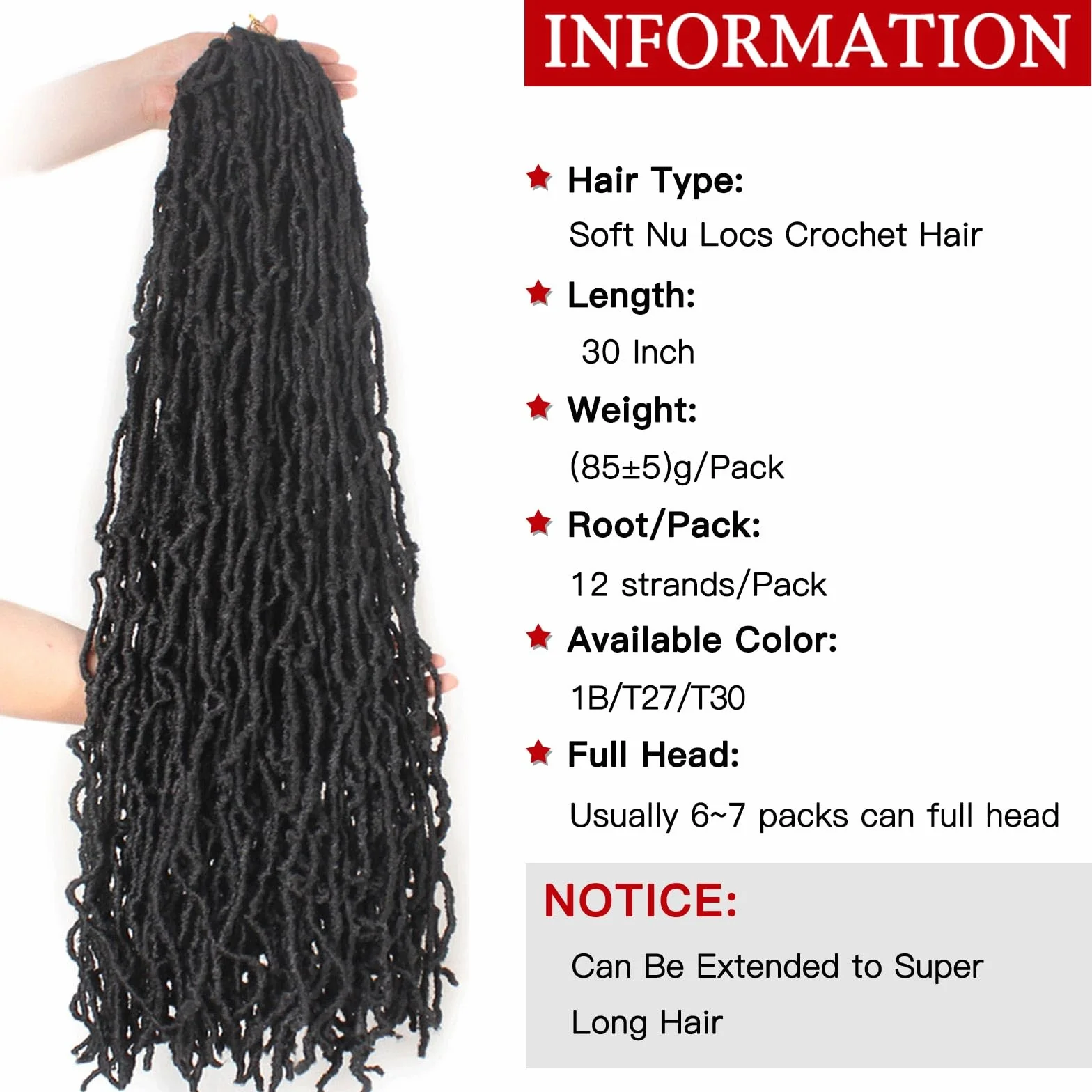 Xtrend 7 Packs 30 Pouces Nu Faux Locs Crochet Cheveux Longs Brun Foncé Pré-bouclé Déesse Faux Locs Tresses Extensions de Cheveux 1B