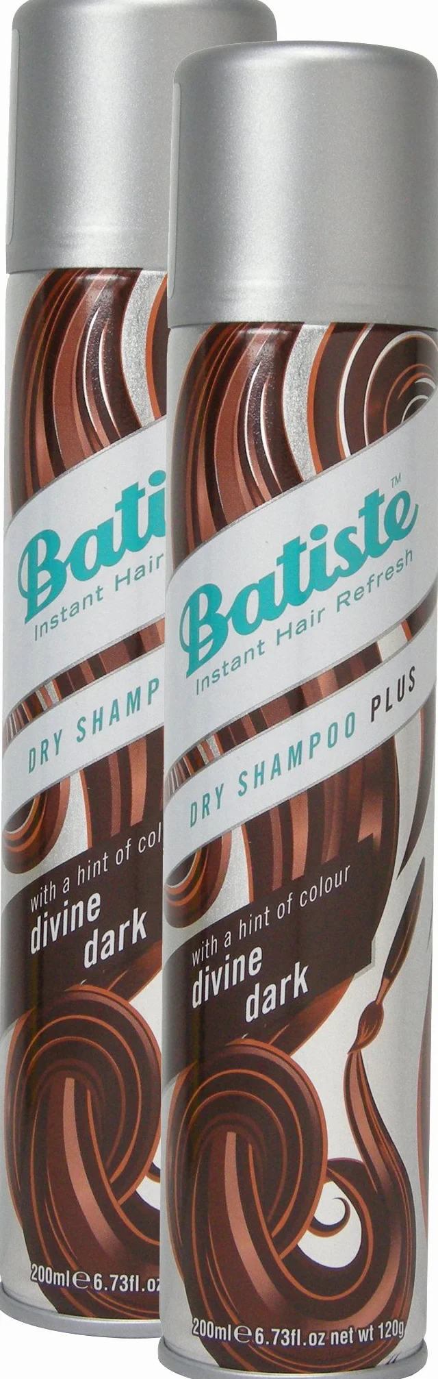 Batiste Shampoing Sec Dry Shampooing Divine Dark avec une touche de couleur pour les cheveux noir et brun foncé, Cheveux frais pour tous types de cheveux, lot de 2 (2 x 200 ml)