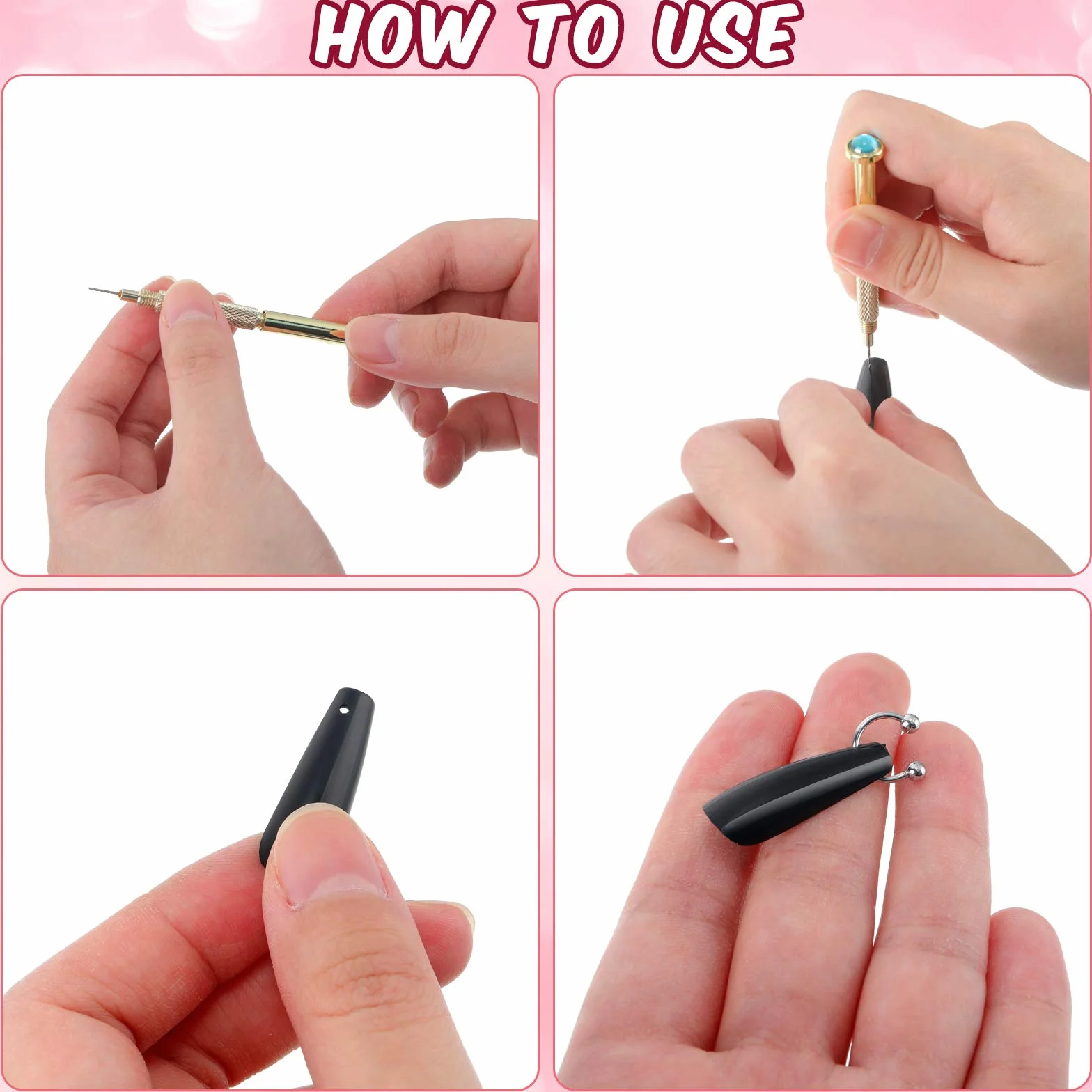 Breloques d'Art d'Ongle 25 Pièces avec Outil de Perçage Perceuse à Main en Argent pour Décor Acrylique et Gel