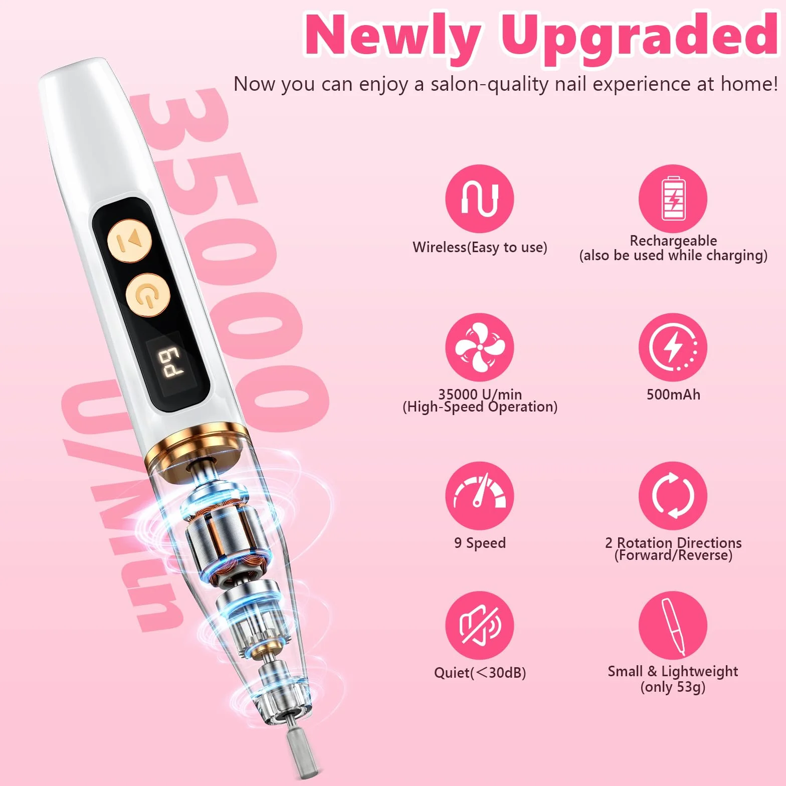 Ponceuse pour Ongles Professionnel 35000RPM Sans Fil, Écran LED LCD, Rechargeable Type-C