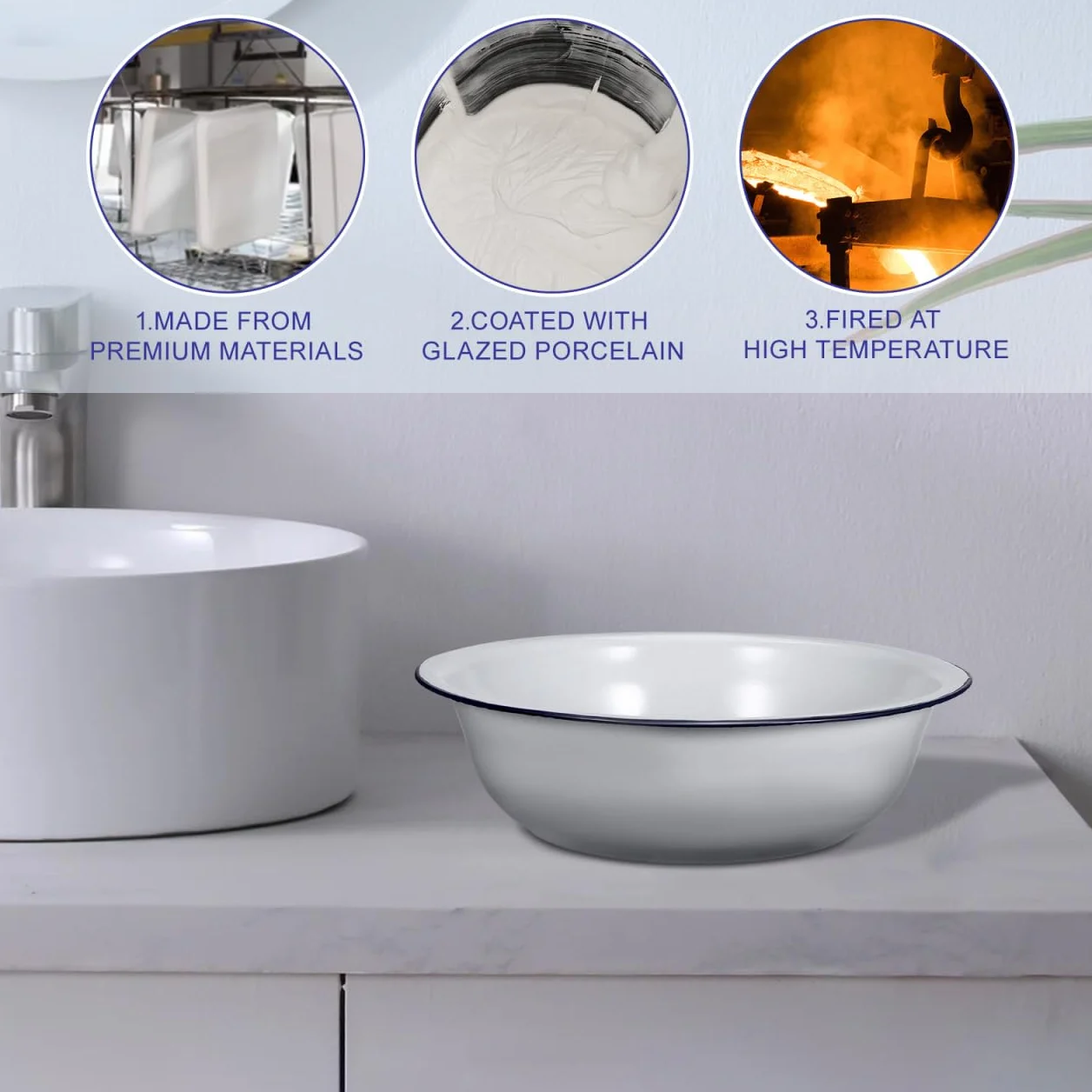 Healaved Bassin Pied Émail Vintage 30cm Pour Bain De Pied Spa Maison | Lavabo Pieds Multifonction, Design Rétro Avec Bord Bleu, Bassin Résistant Pour Trempage Pieds, Pédicure Et Soin Relaxant